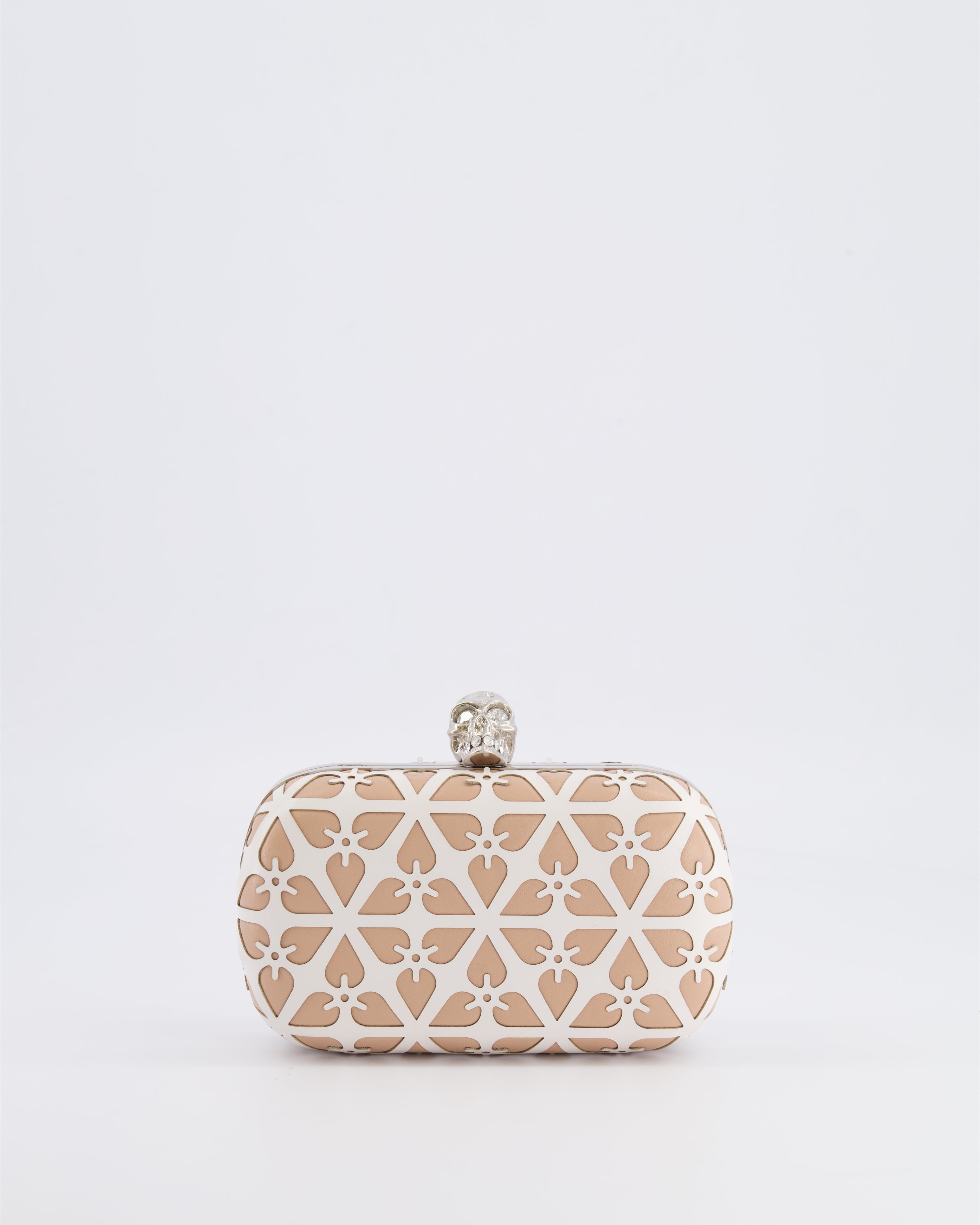 Alexander McQueen Beige and White Leather Laser Cut Skull Box Chain Clutch Bag with Silver and Crystal Embellished Skull Detail RRP £2,690