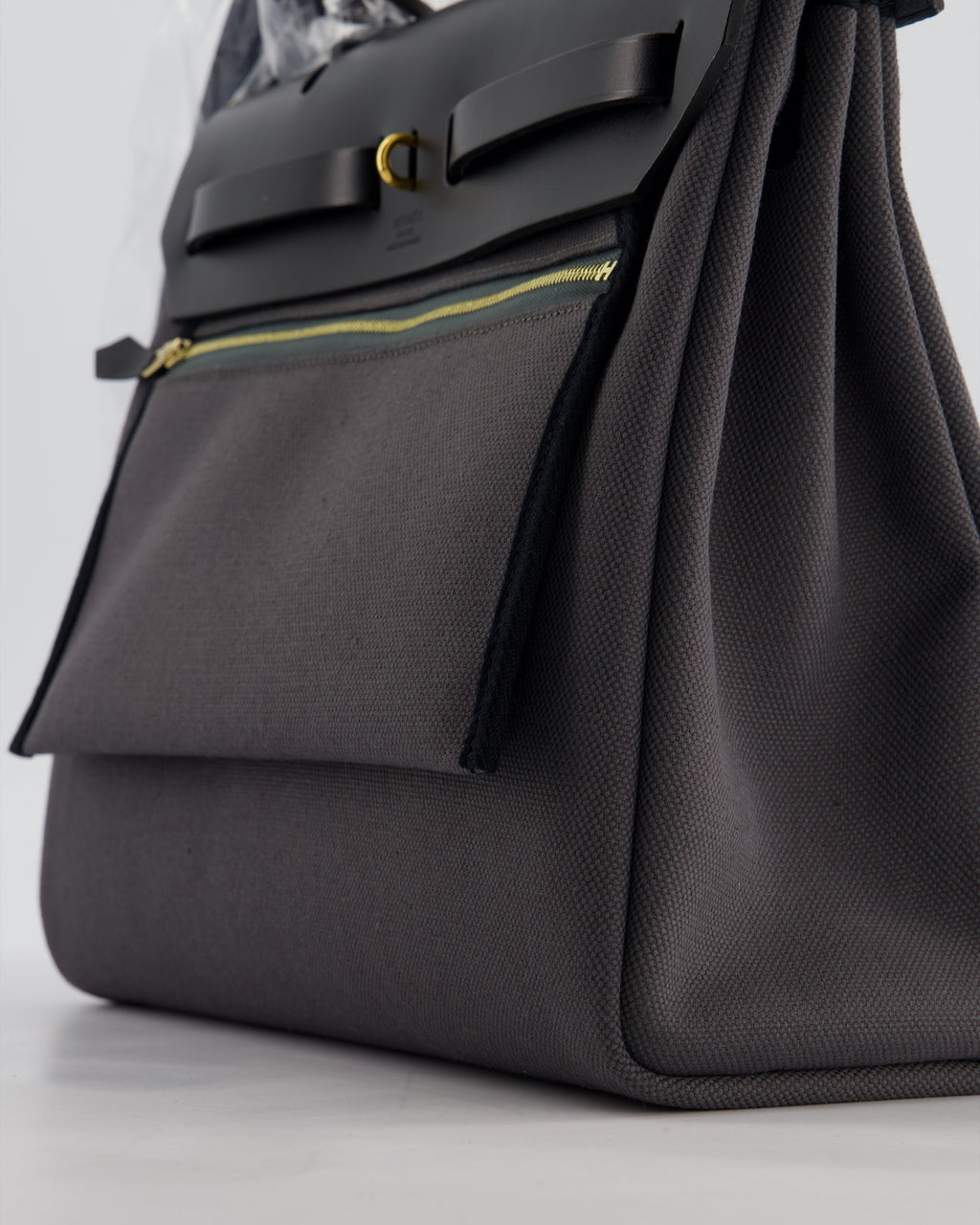 *HOT & RARE* Hermès Herbag 31 Laque Zip Bag in Ardoise Toile Militaire Canvas, Noir Vache Hunter Leather with Gold & Noir Hardware