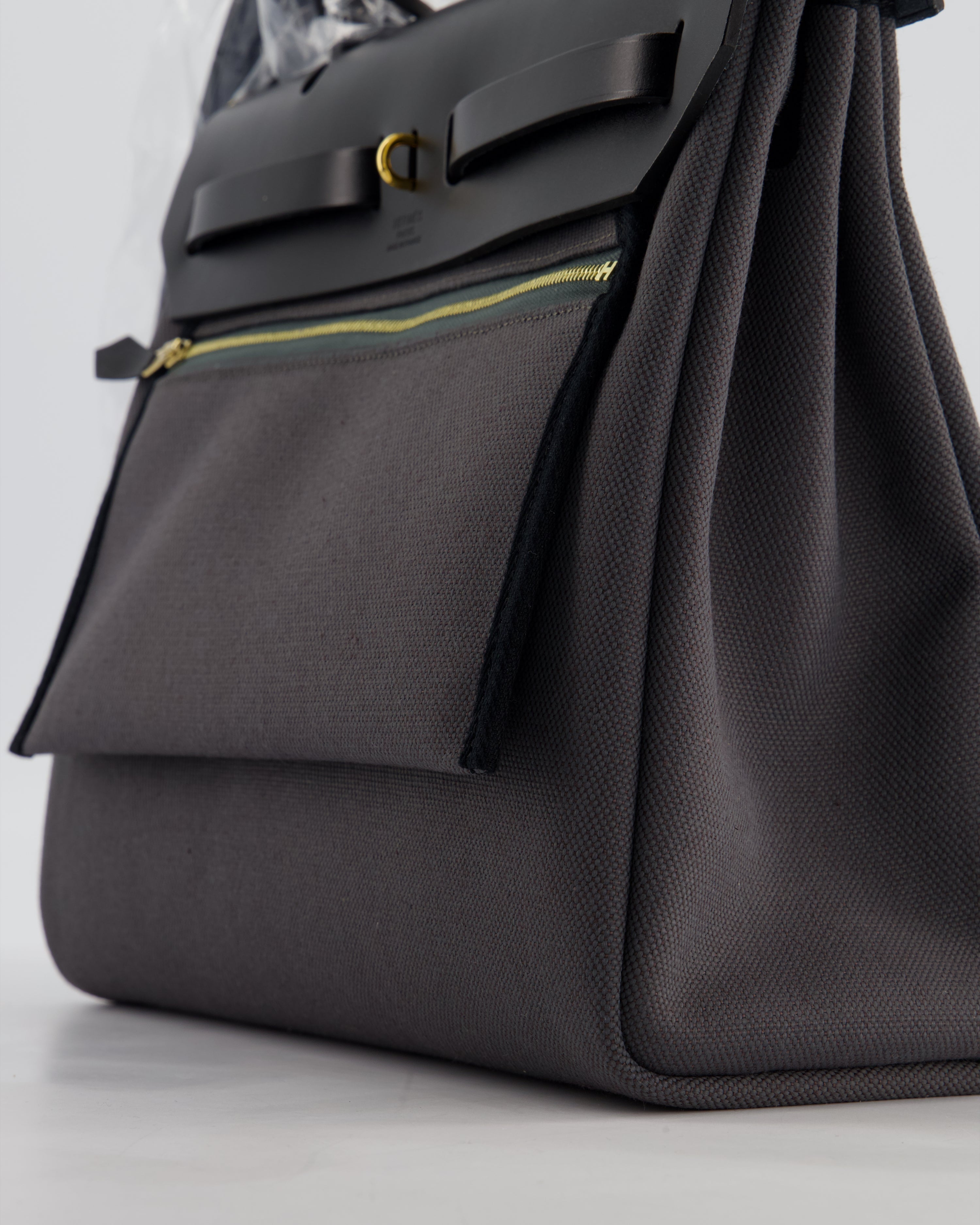 *HOT & RARE* Hermès Herbag 31 Laque Zip Bag in Ardoise Toile Militaire Canvas, Noir Vache Hunter Leather with Gold & Noir Hardware