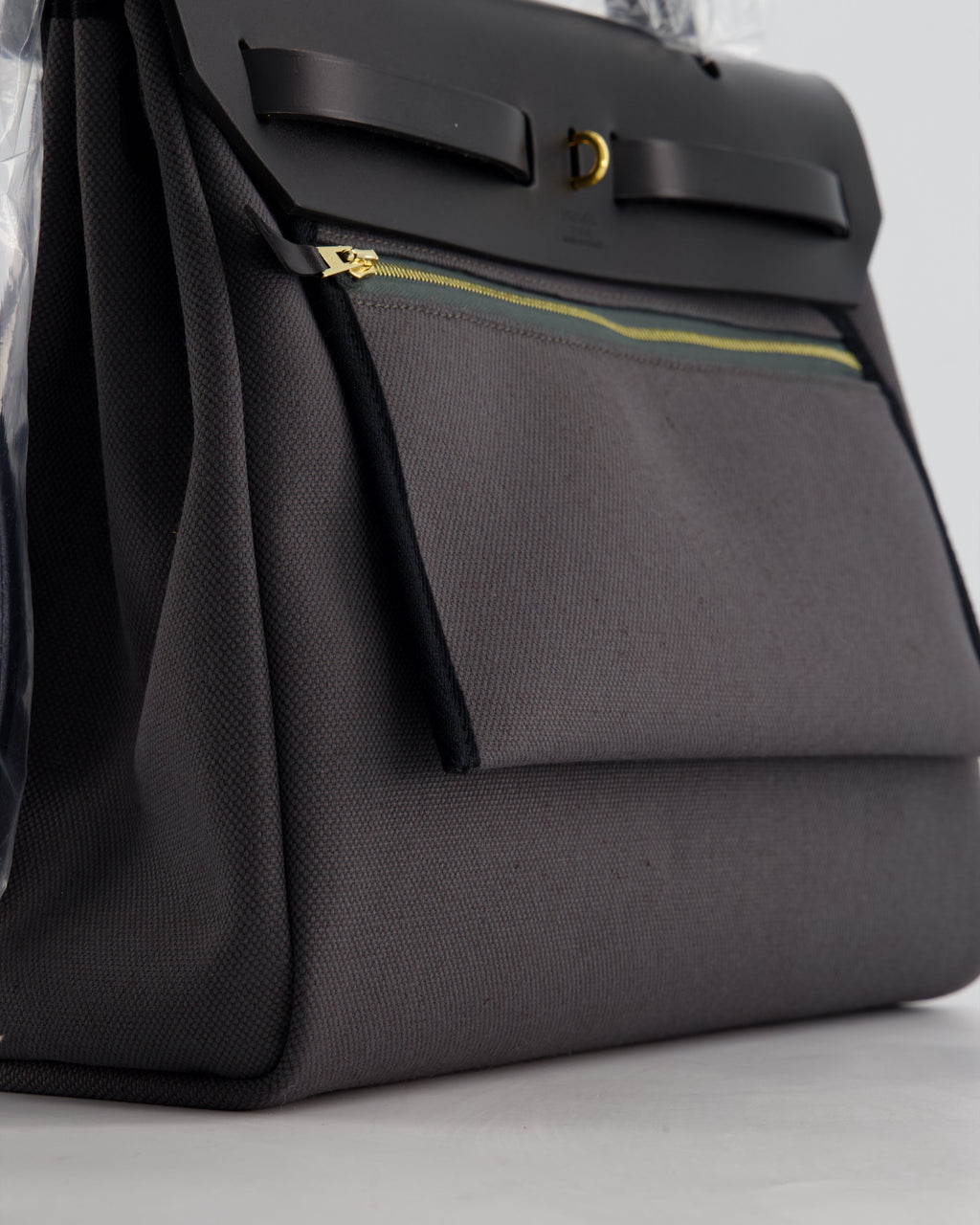 *HOT & RARE* Hermès Herbag 31 Laque Zip Bag in Ardoise Toile Militaire Canvas, Noir Vache Hunter Leather with Gold & Noir Hardware