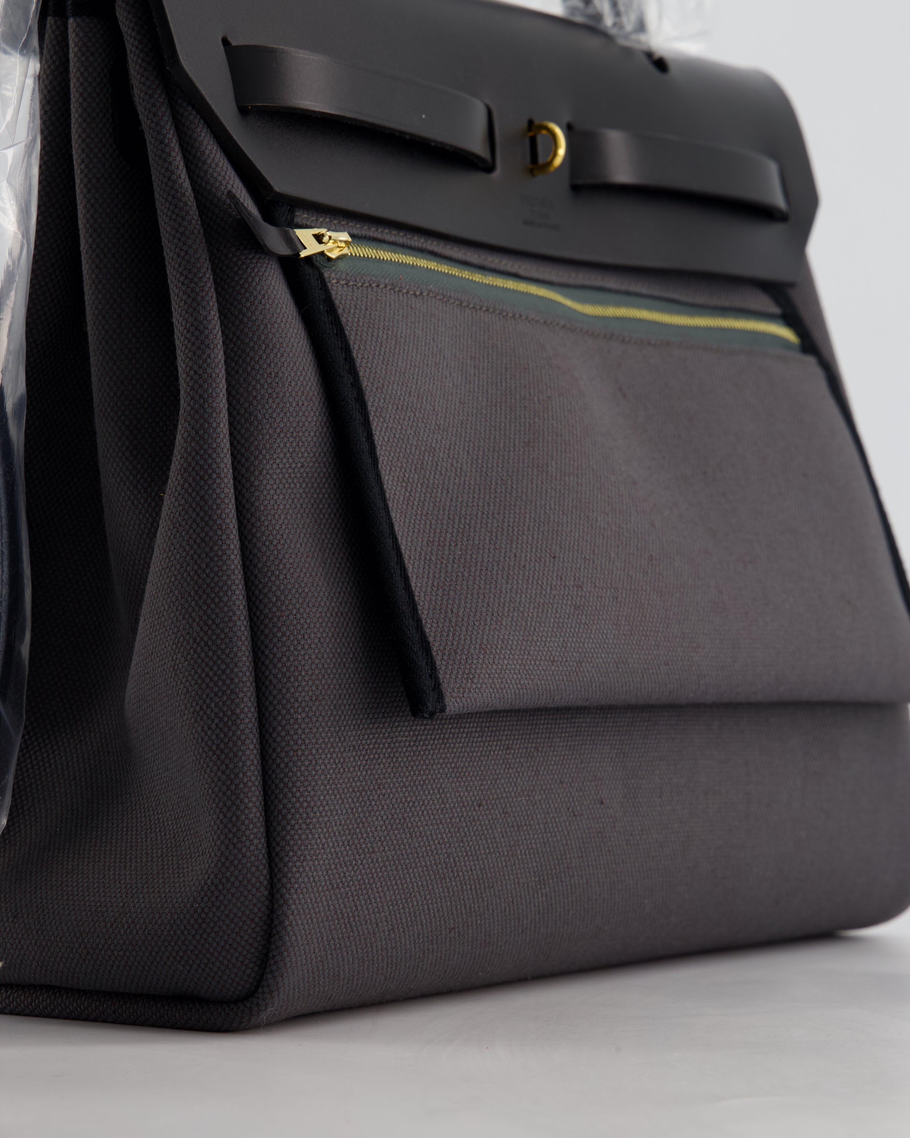 *HOT & RARE* Hermès Herbag 31 Laque Zip Bag in Ardoise Toile Militaire Canvas, Noir Vache Hunter Leather with Gold & Noir Hardware