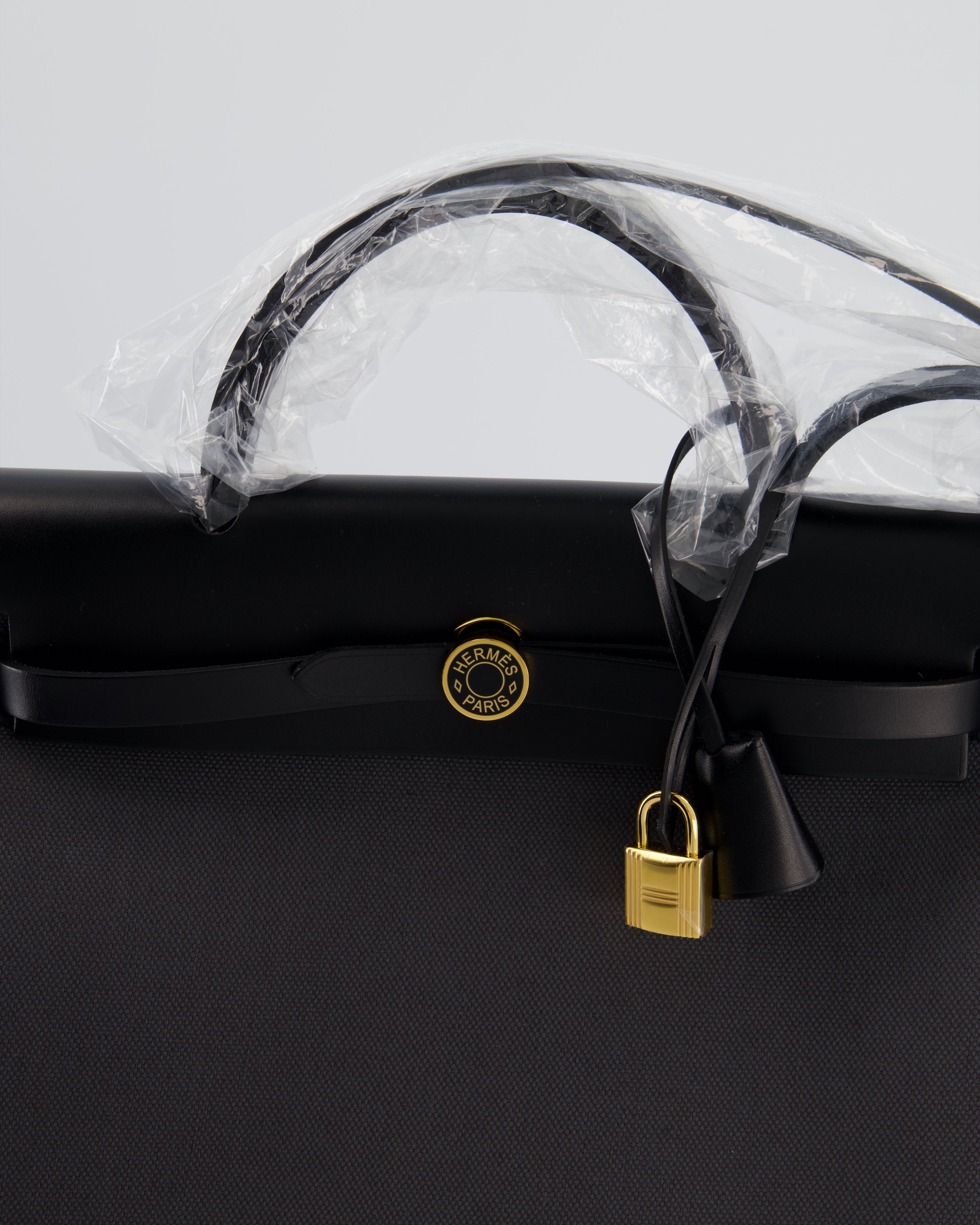 *HOT & RARE* Hermès Herbag 31 Laque Zip Bag in Ardoise Toile Militaire Canvas, Noir Vache Hunter Leather with Gold & Noir Hardware