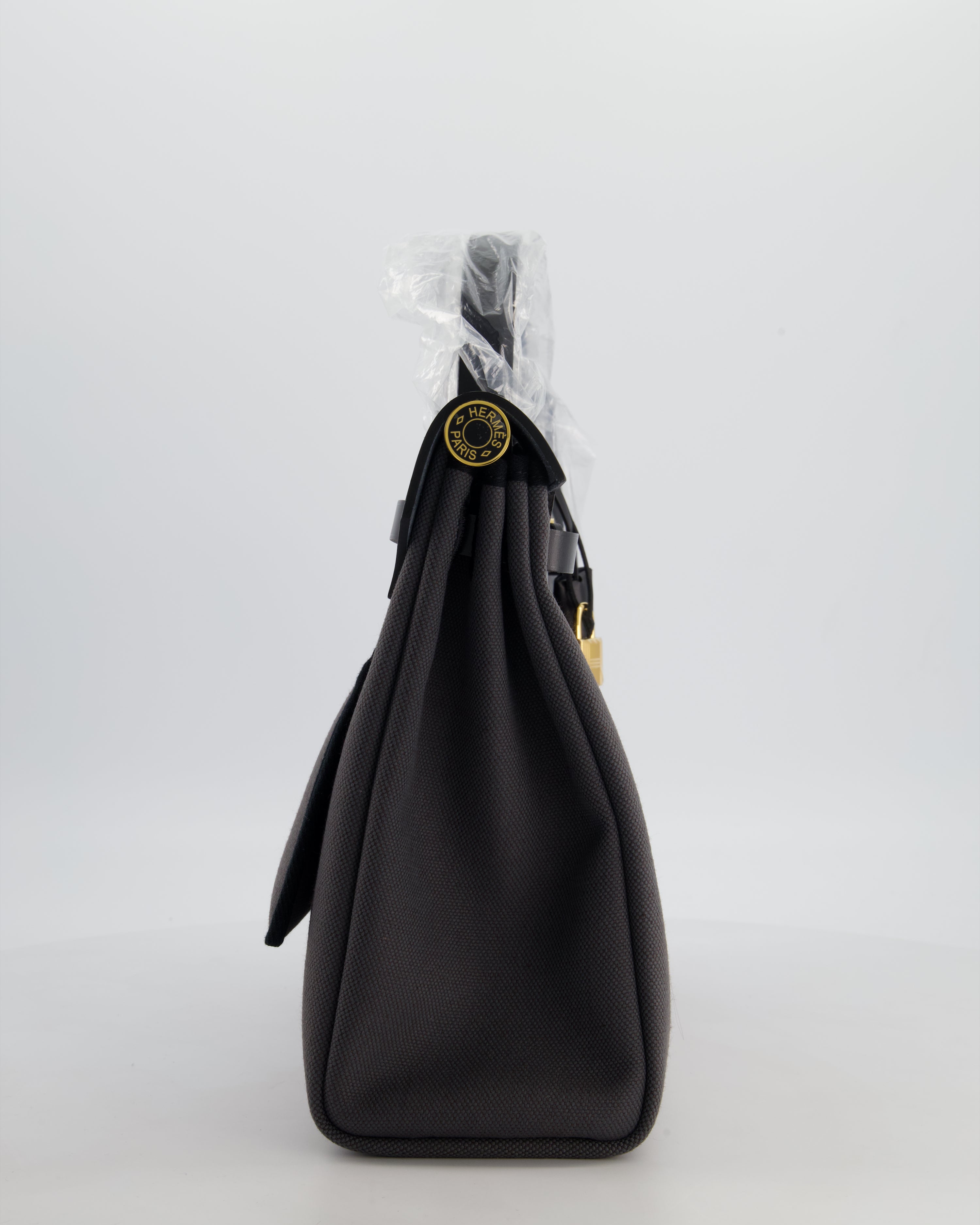 *HOT & RARE* Hermès Herbag 31 Laque Zip Bag in Ardoise Toile Militaire Canvas, Noir Vache Hunter Leather with Gold & Noir Hardware