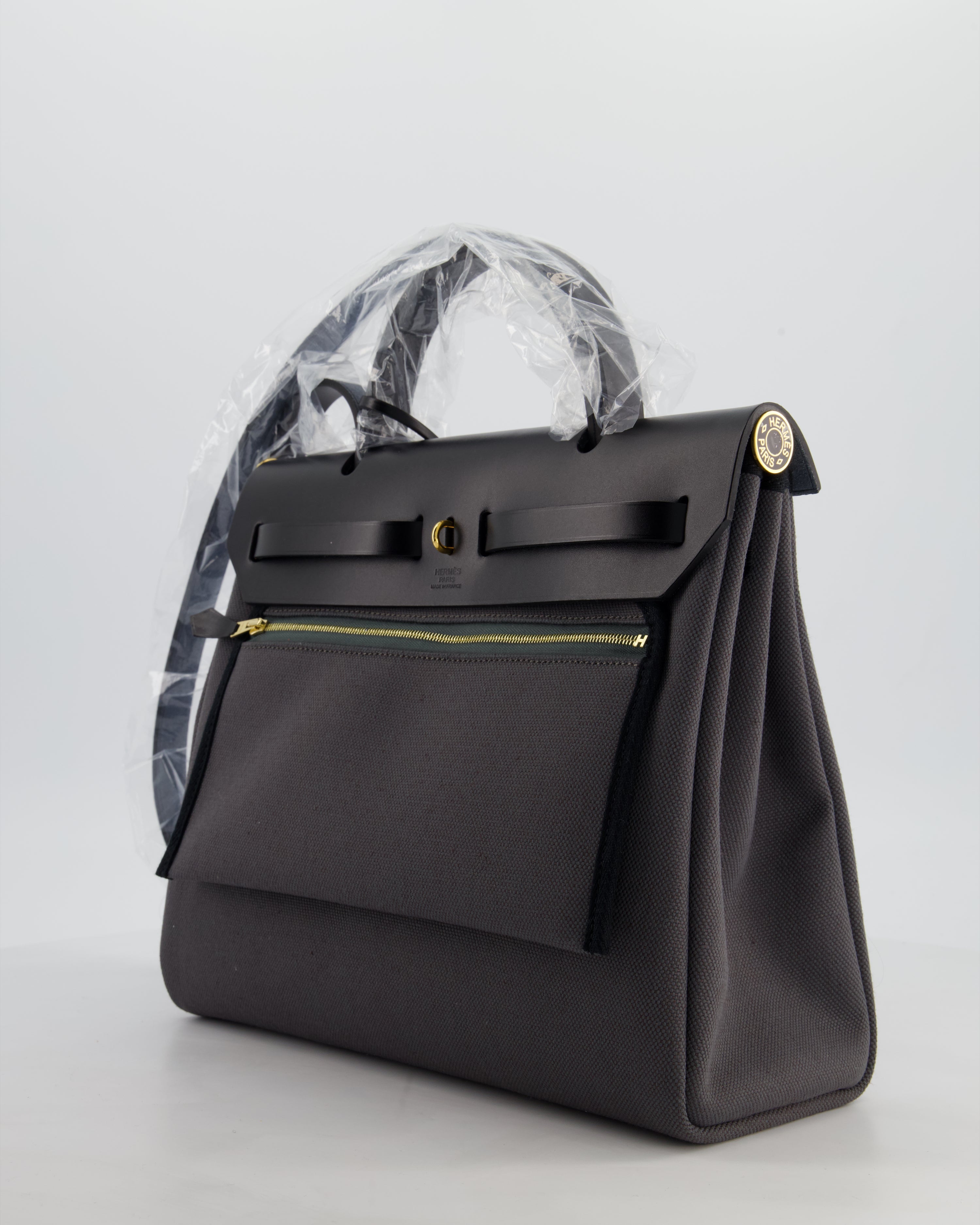 *HOT & RARE* Hermès Herbag 31 Laque Zip Bag in Ardoise Toile Militaire Canvas, Noir Vache Hunter Leather with Gold & Noir Hardware