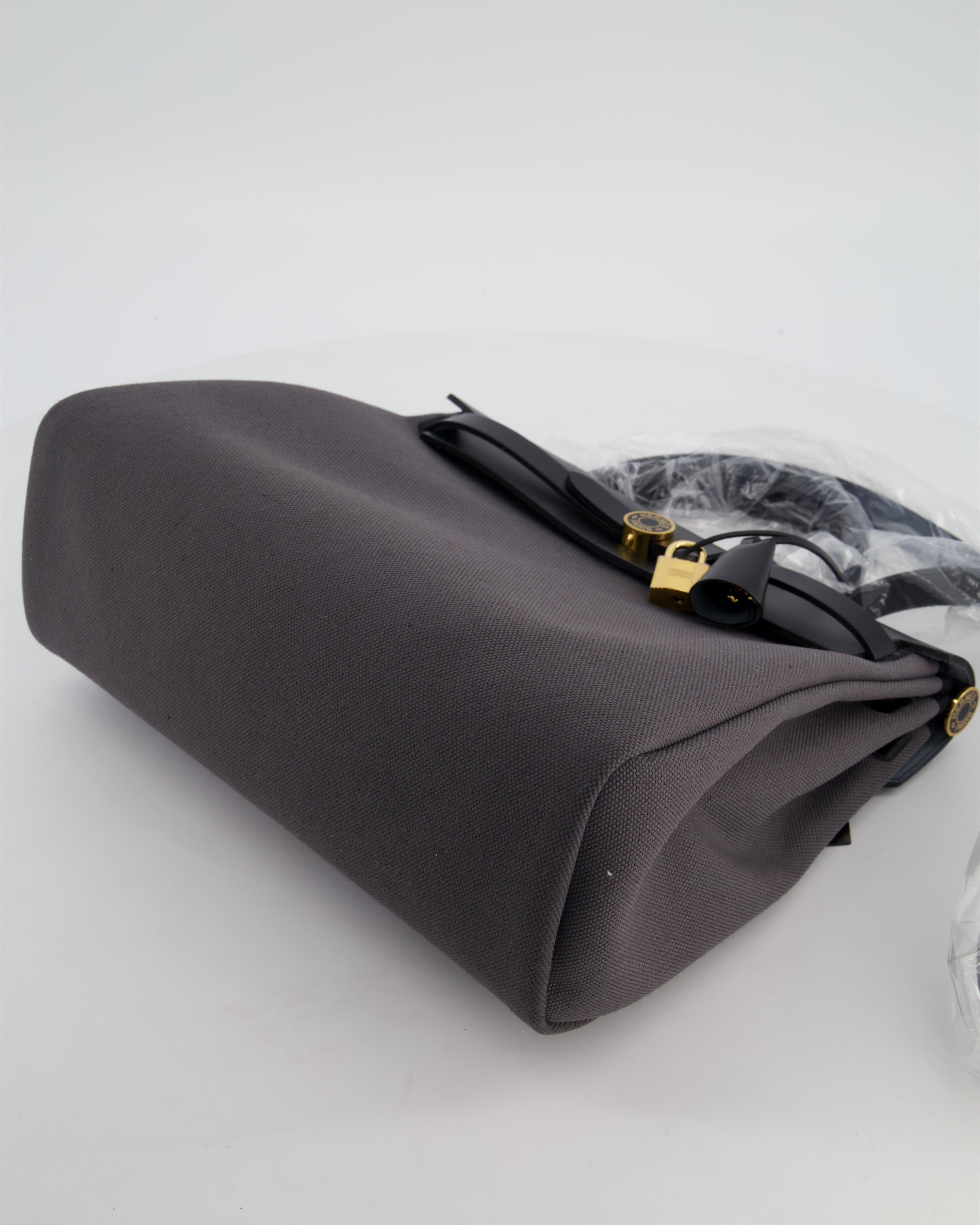 *HOT & RARE* Hermès Herbag 31 Laque Zip Bag in Ardoise Toile Militaire Canvas, Noir Vache Hunter Leather with Gold & Noir Hardware