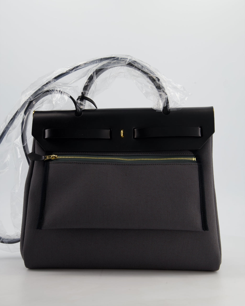 *HOT & RARE* Hermès Herbag 31 Laque Zip Bag in Ardoise Toile Militaire Canvas, Noir Vache Hunter Leather with Gold & Noir Hardware