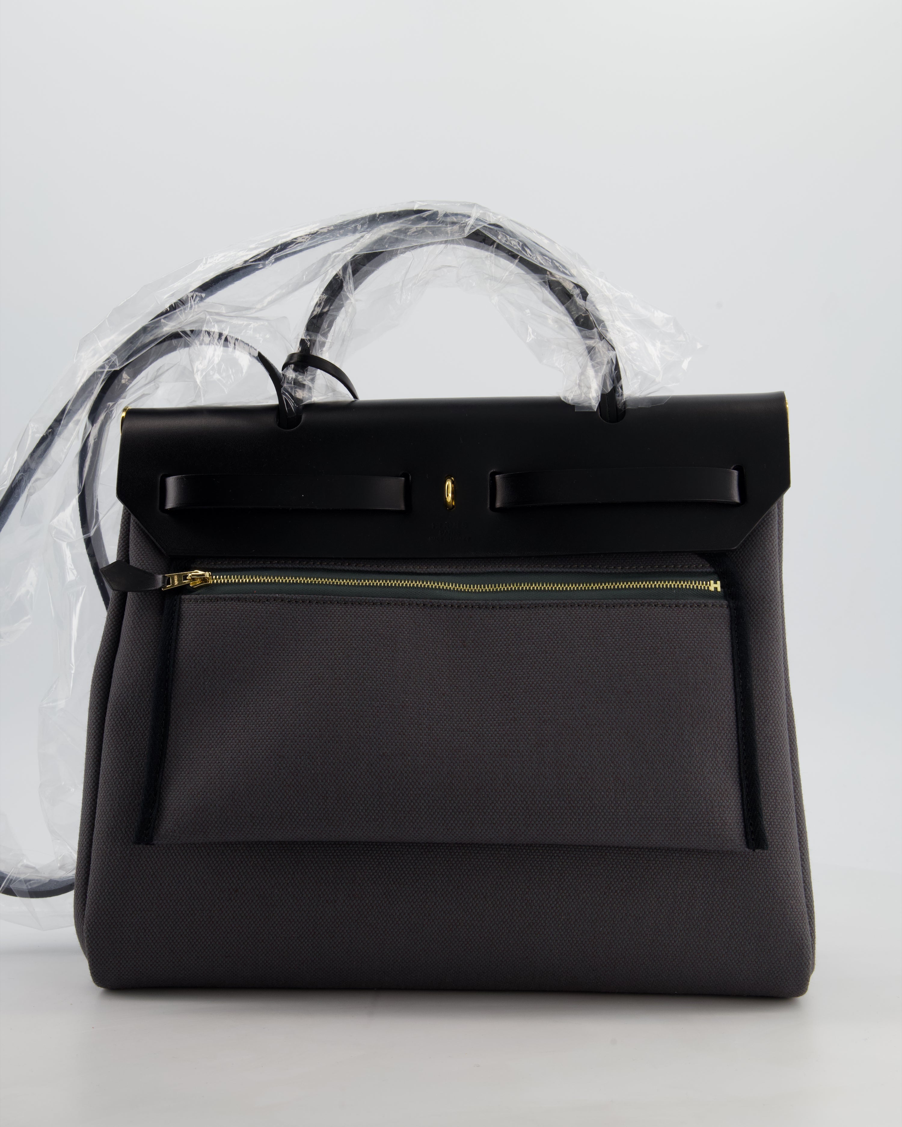 *HOT & RARE* Hermès Herbag 31 Laque Zip Bag in Ardoise Toile Militaire Canvas, Noir Vache Hunter Leather with Gold & Noir Hardware