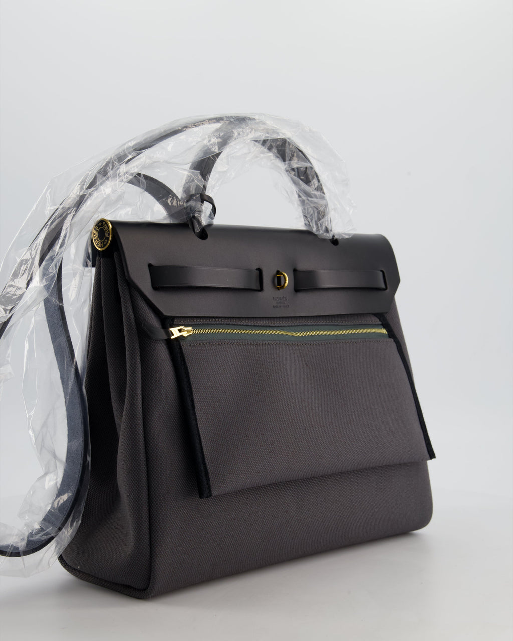 *HOT & RARE* Hermès Herbag 31 Laque Zip Bag in Ardoise Toile Militaire Canvas, Noir Vache Hunter Leather with Gold & Noir Hardware