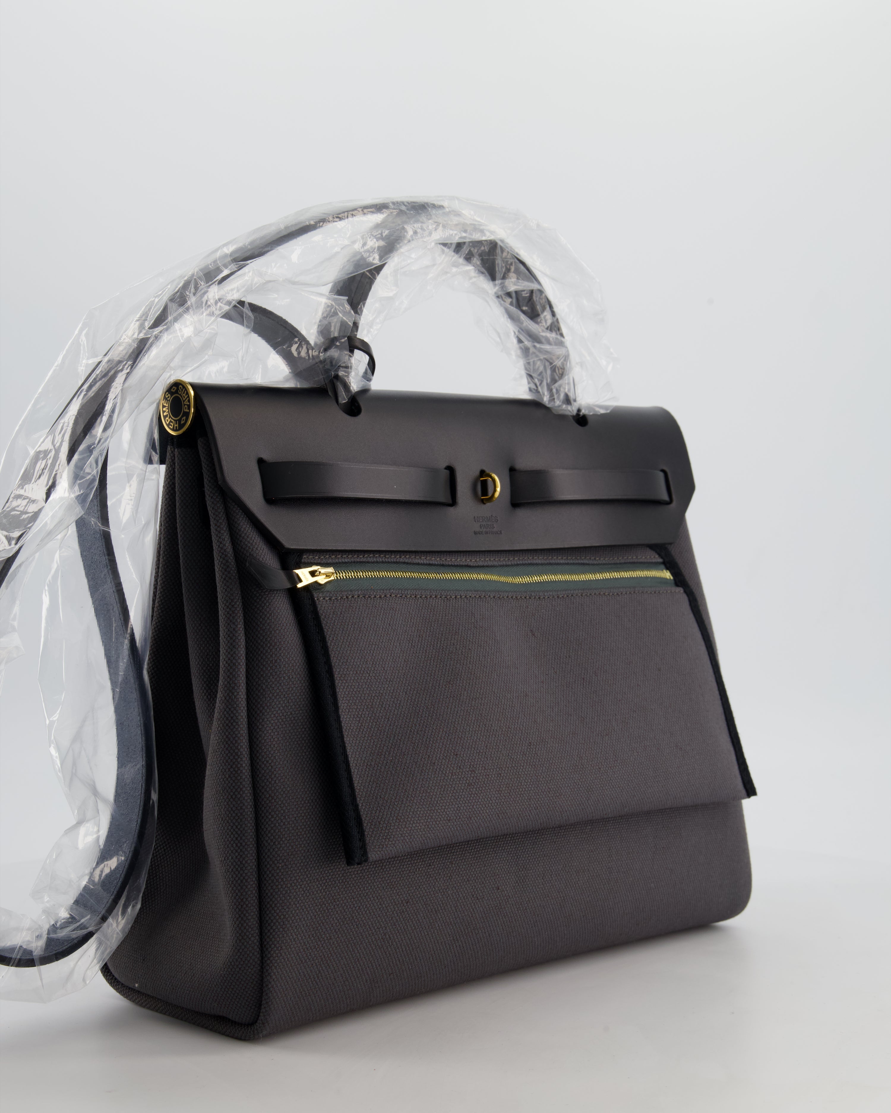 *HOT & RARE* Hermès Herbag 31 Laque Zip Bag in Ardoise Toile Militaire Canvas, Noir Vache Hunter Leather with Gold & Noir Hardware