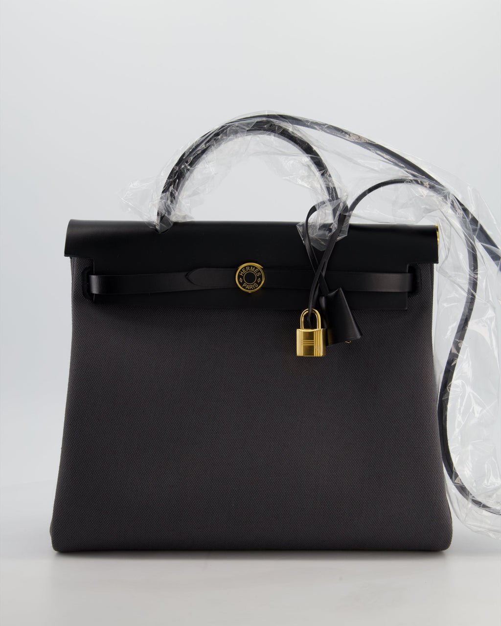 *HOT & RARE* Hermès Herbag 31 Laque Zip Bag in Ardoise Toile Militaire Canvas, Noir Vache Hunter Leather with Gold & Noir Hardware
