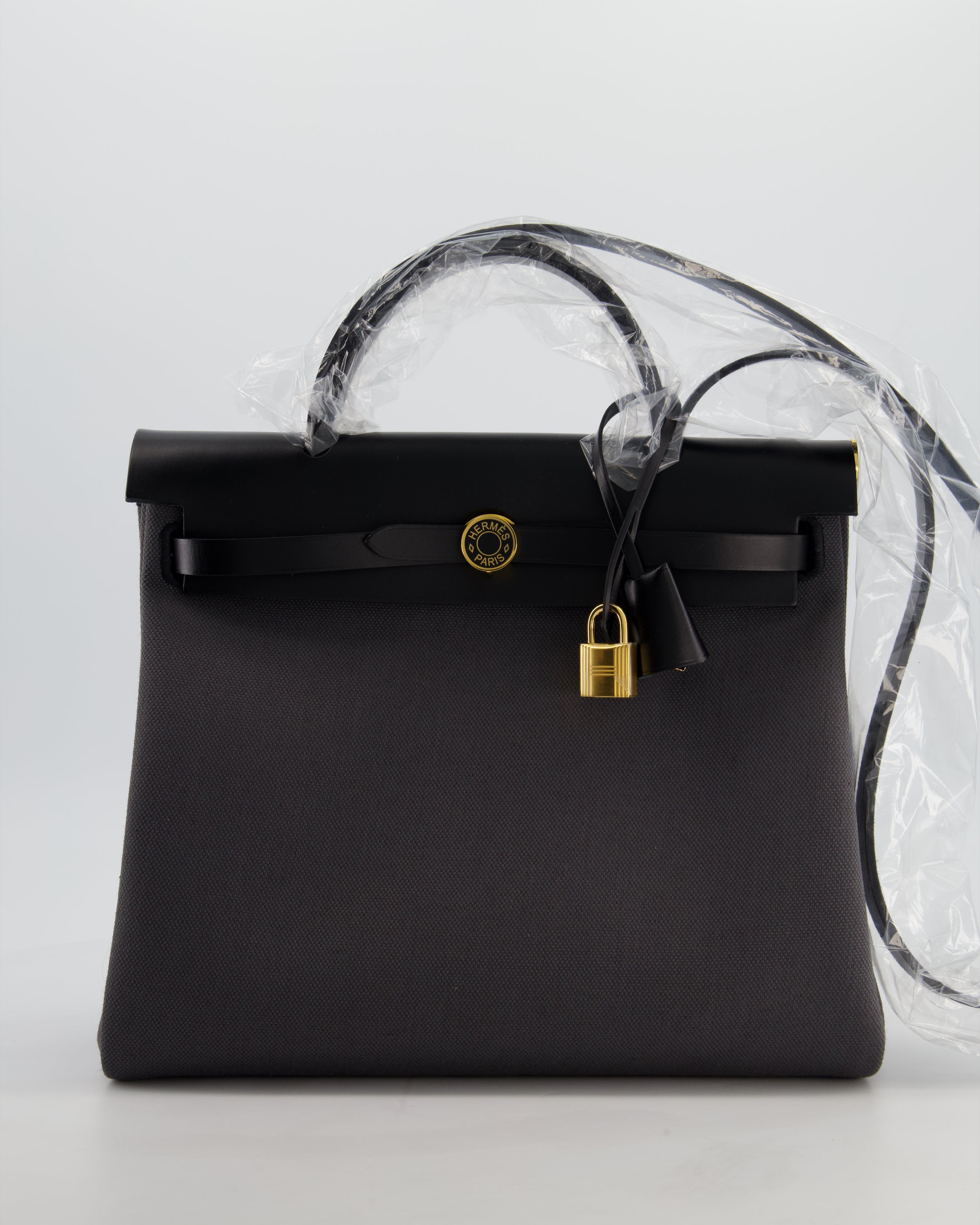 *HOT & RARE* Hermès Herbag 31 Laque Zip Bag in Ardoise Toile Militaire Canvas, Noir Vache Hunter Leather with Gold & Noir Hardware