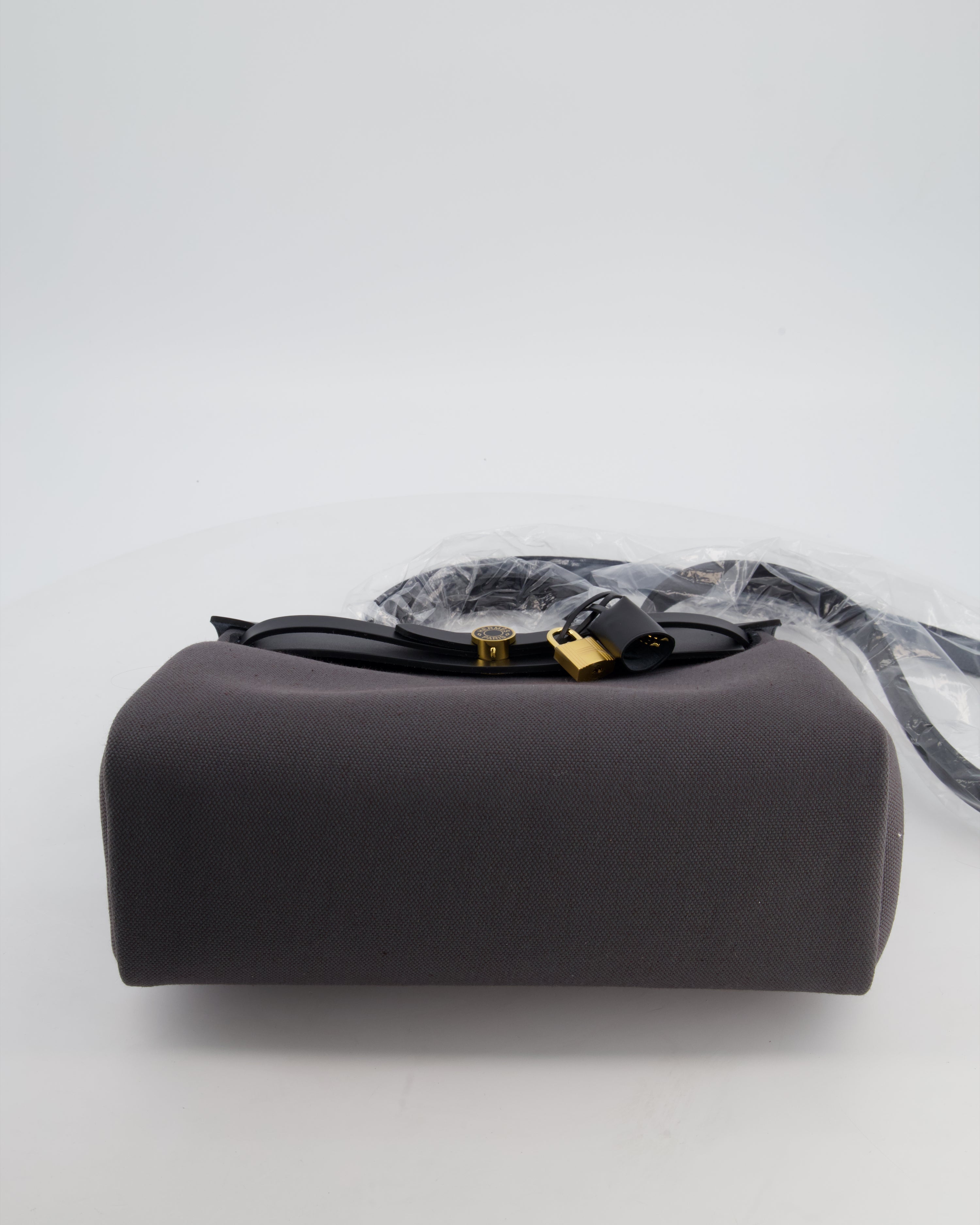 *HOT & RARE* Hermès Herbag 31 Laque Zip Bag in Ardoise Toile Militaire Canvas, Noir Vache Hunter Leather with Gold & Noir Hardware