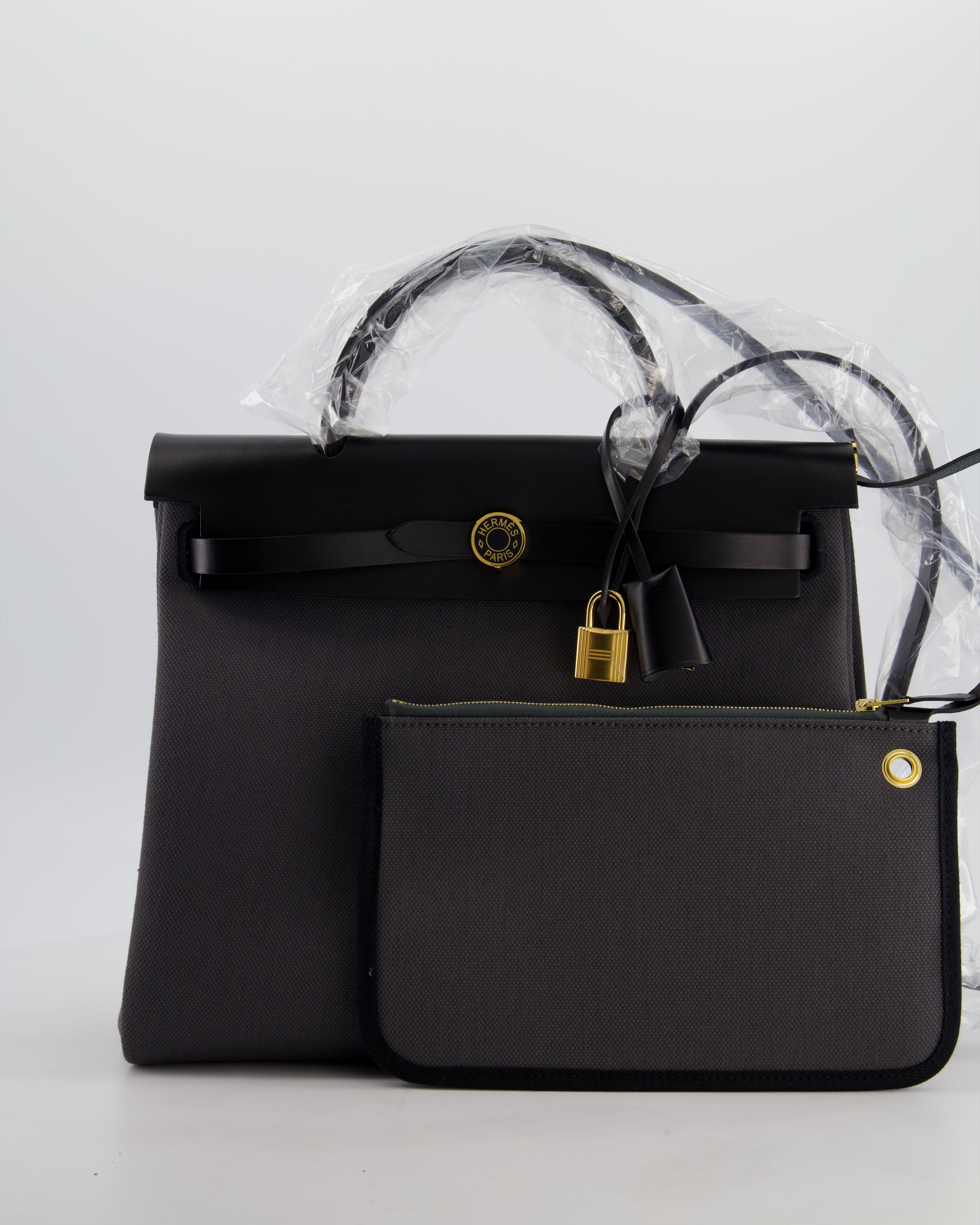 *HOT & RARE* Hermès Herbag 31 Laque Zip Bag in Ardoise Toile Militaire Canvas, Noir Vache Hunter Leather with Gold & Noir Hardware