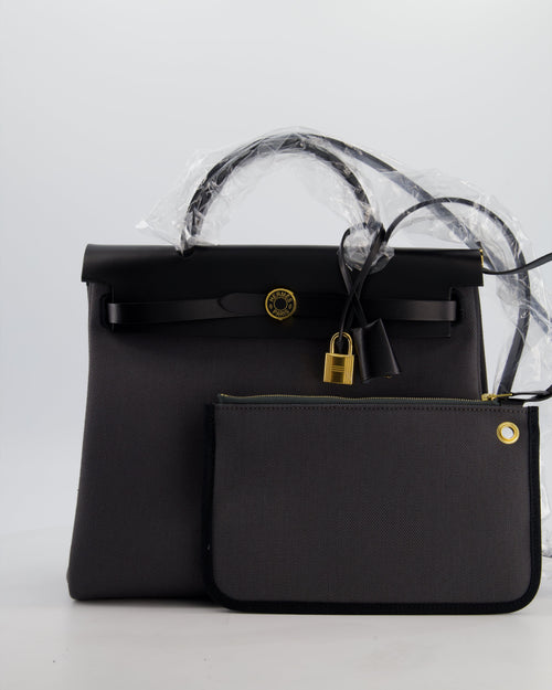 *HOT & RARE* Hermès Herbag 31 Laque Zip Bag in Ardoise Toile Militaire Canvas, Noir Vache Hunter Leather with Gold & Noir Hardware