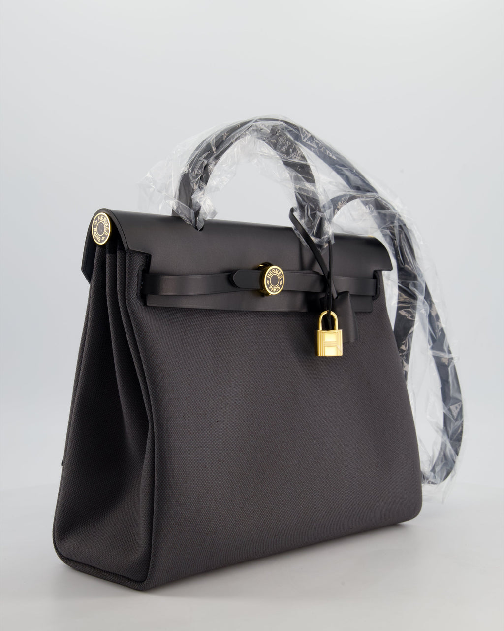 *HOT & RARE* Hermès Herbag 31 Laque Zip Bag in Ardoise Toile Militaire Canvas, Noir Vache Hunter Leather with Gold & Noir Hardware