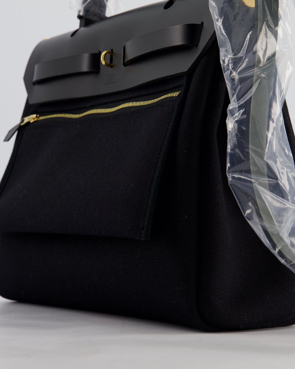 Hermès Herbag 31 Zip Bag in Noir Toile Officier Canvas, Noir Vache Hunter Leather with Gold Hardware