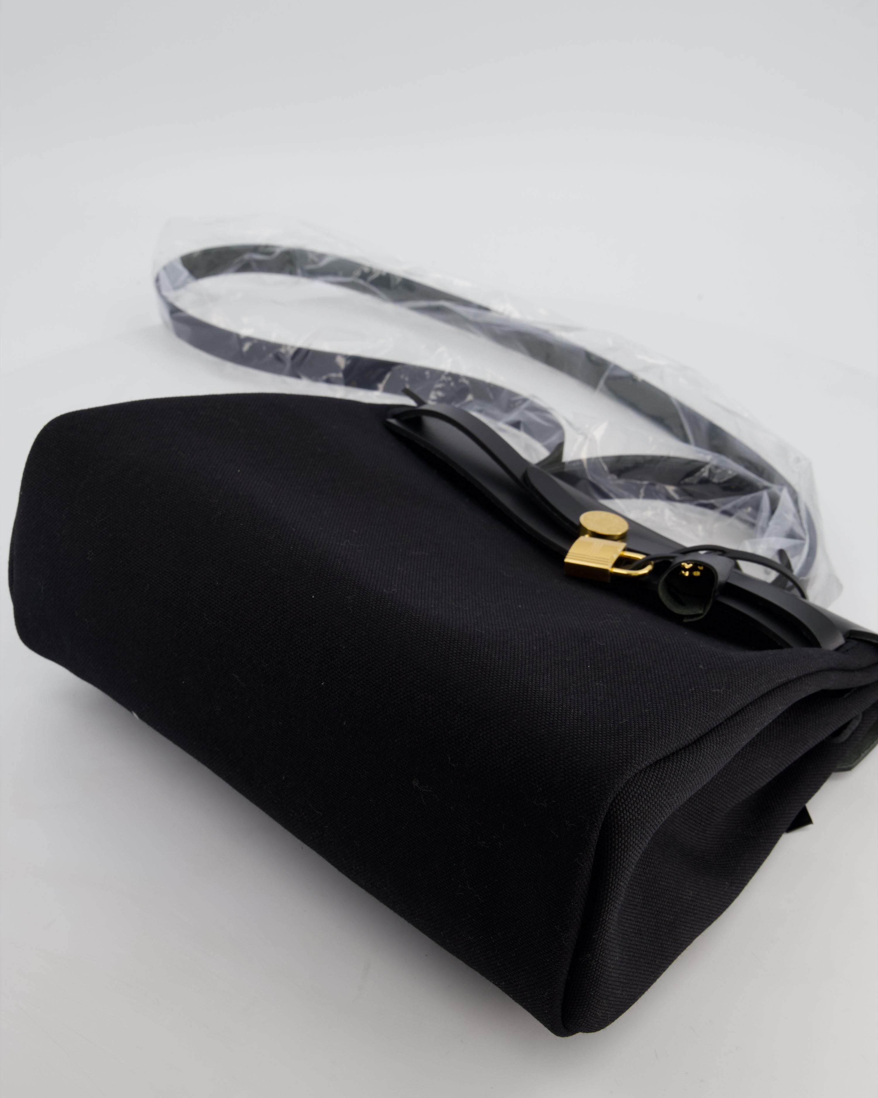 Hermès Herbag 31 Zip Bag in Noir Toile Officier Canvas, Noir Vache Hunter Leather with Gold Hardware