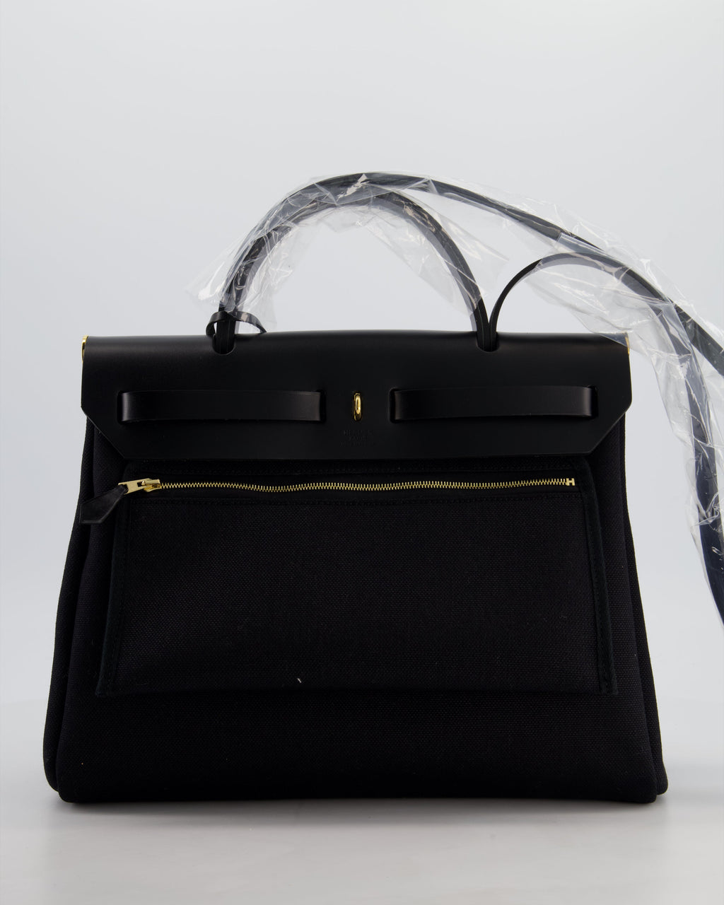 Hermès Herbag 31 Zip Bag in Noir Toile Officier Canvas, Noir Vache Hunter Leather with Gold Hardware