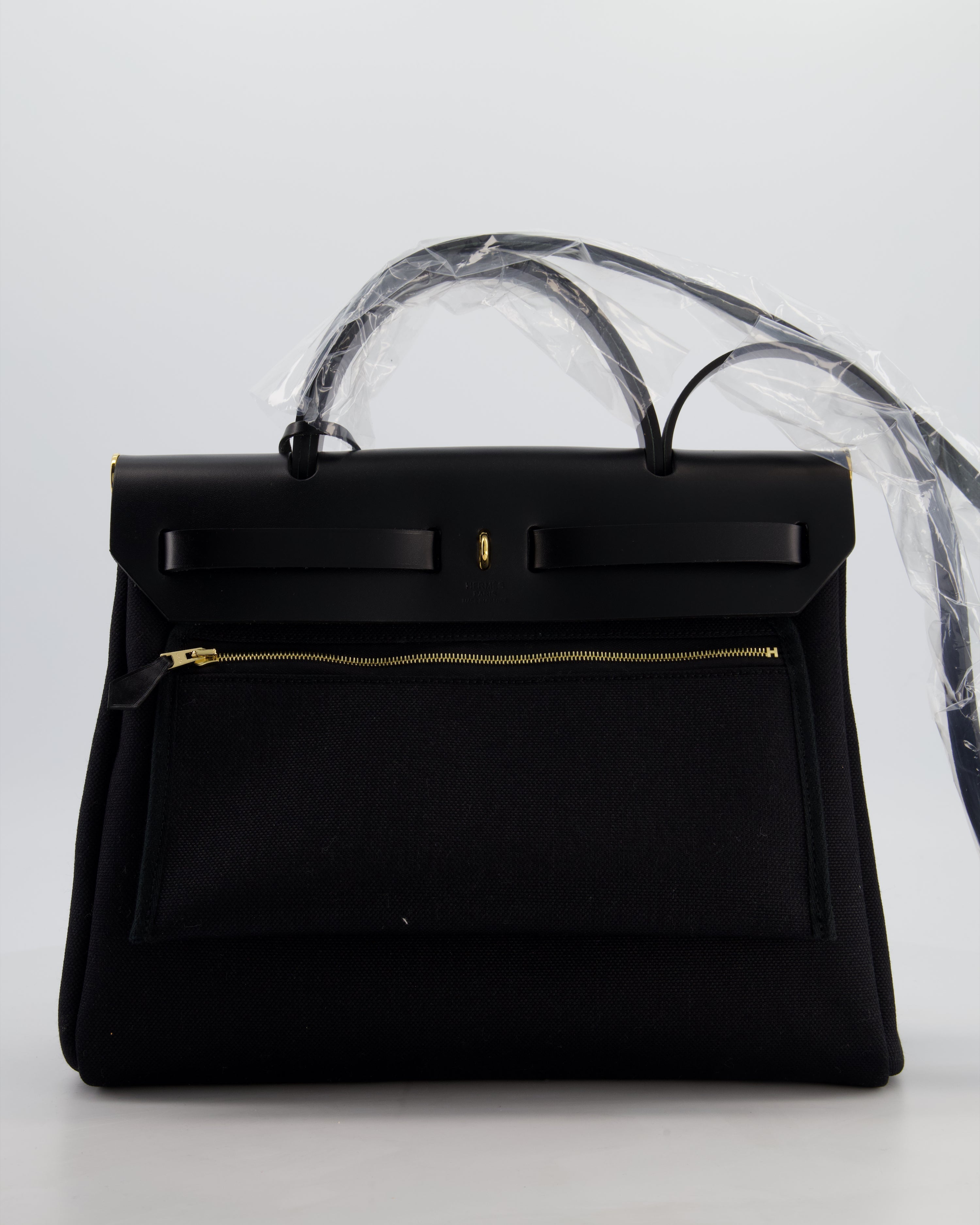 Hermès Herbag 31 Zip Bag in Noir Toile Officier Canvas, Noir Vache Hunter Leather with Gold Hardware