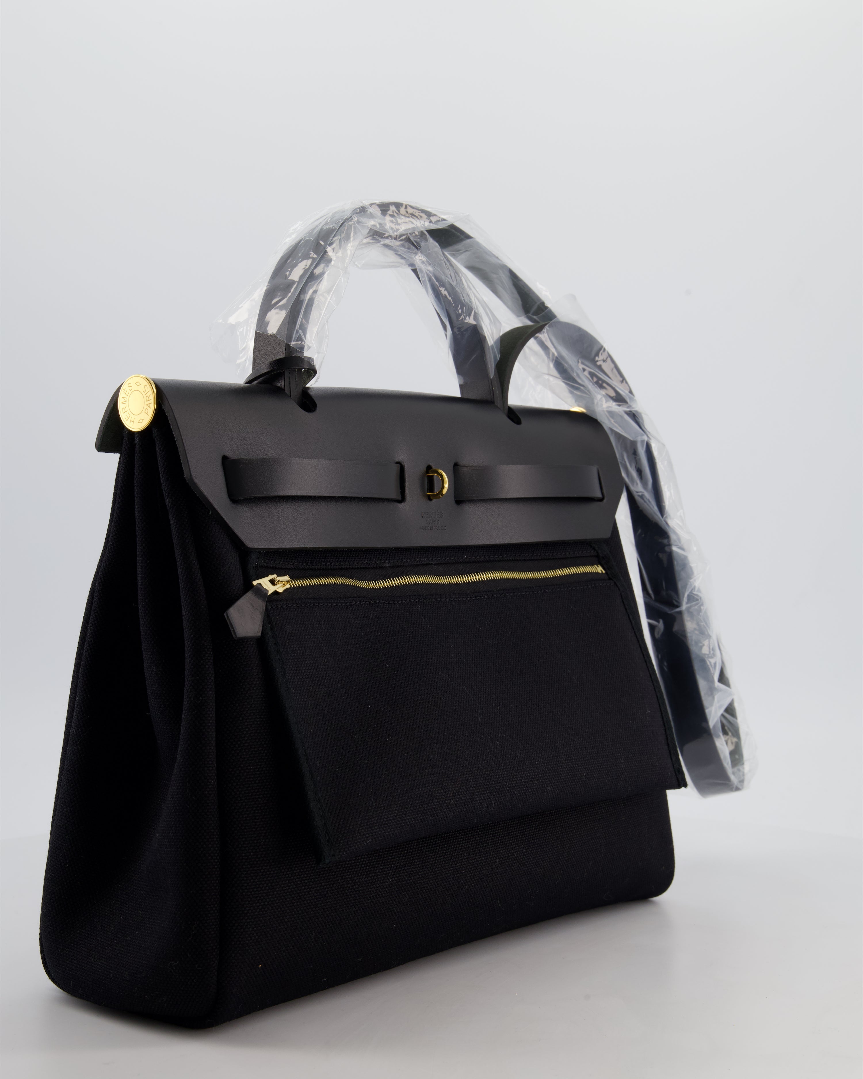 Hermès Herbag 31 Zip Bag in Noir Toile Officier Canvas, Noir Vache Hunter Leather with Gold Hardware