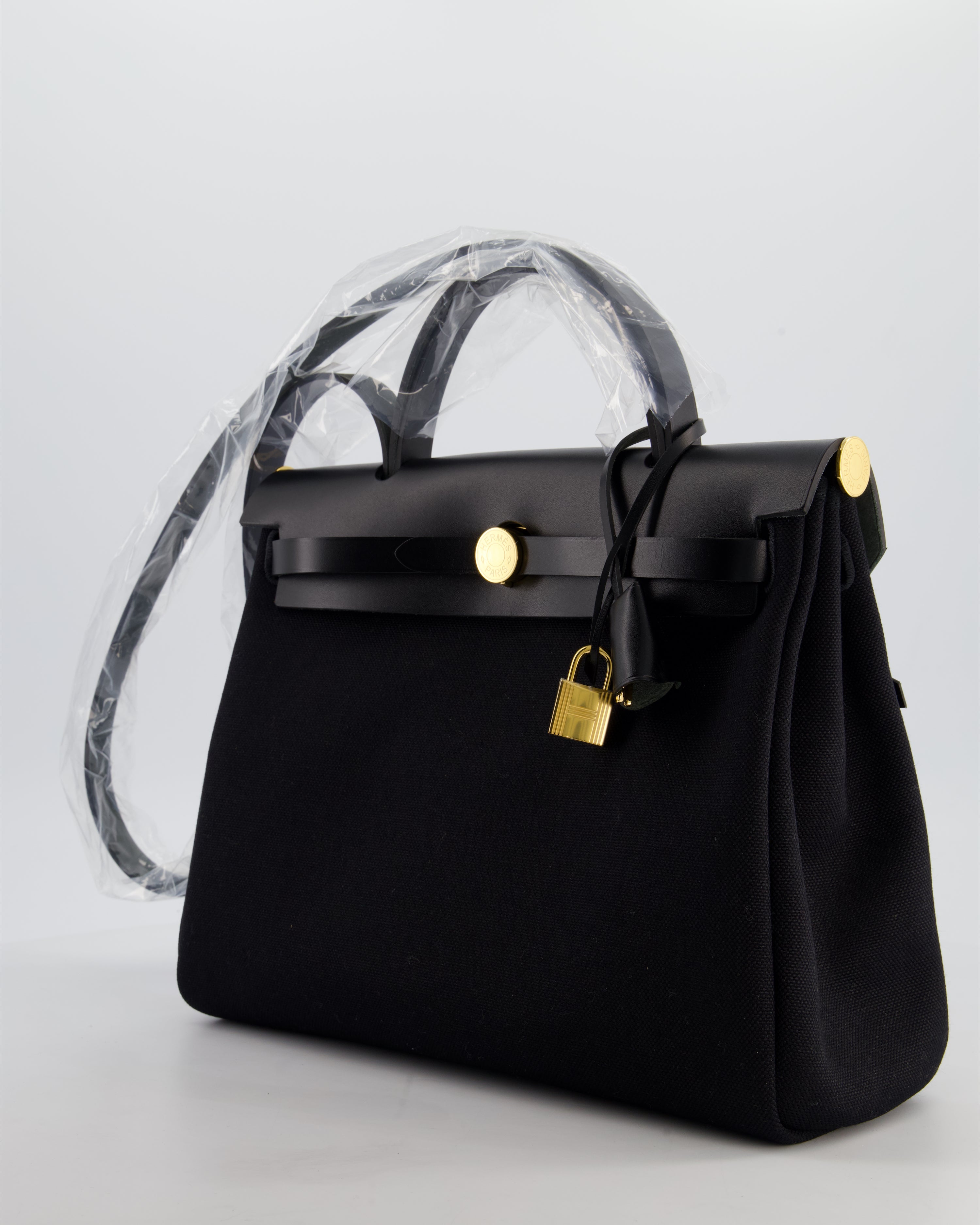 Hermès Herbag 31 Zip Bag in Noir Toile Officier Canvas, Noir Vache Hunter Leather with Gold Hardware