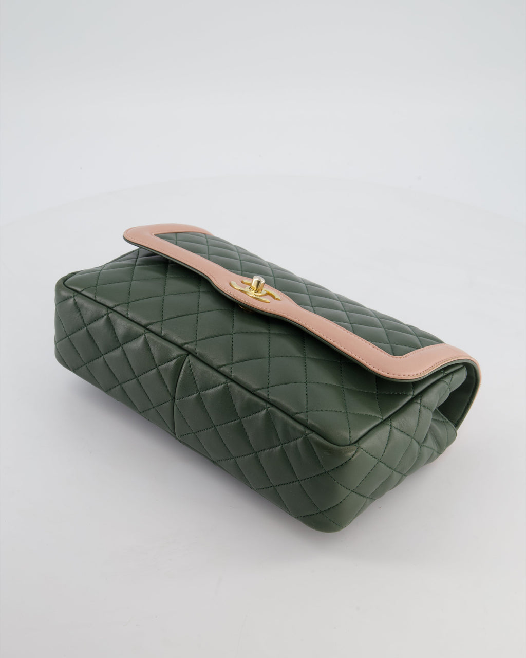 Chanel Khaki and Pink Single Flap Bag in Lambskin Leather with Gold Hardware
