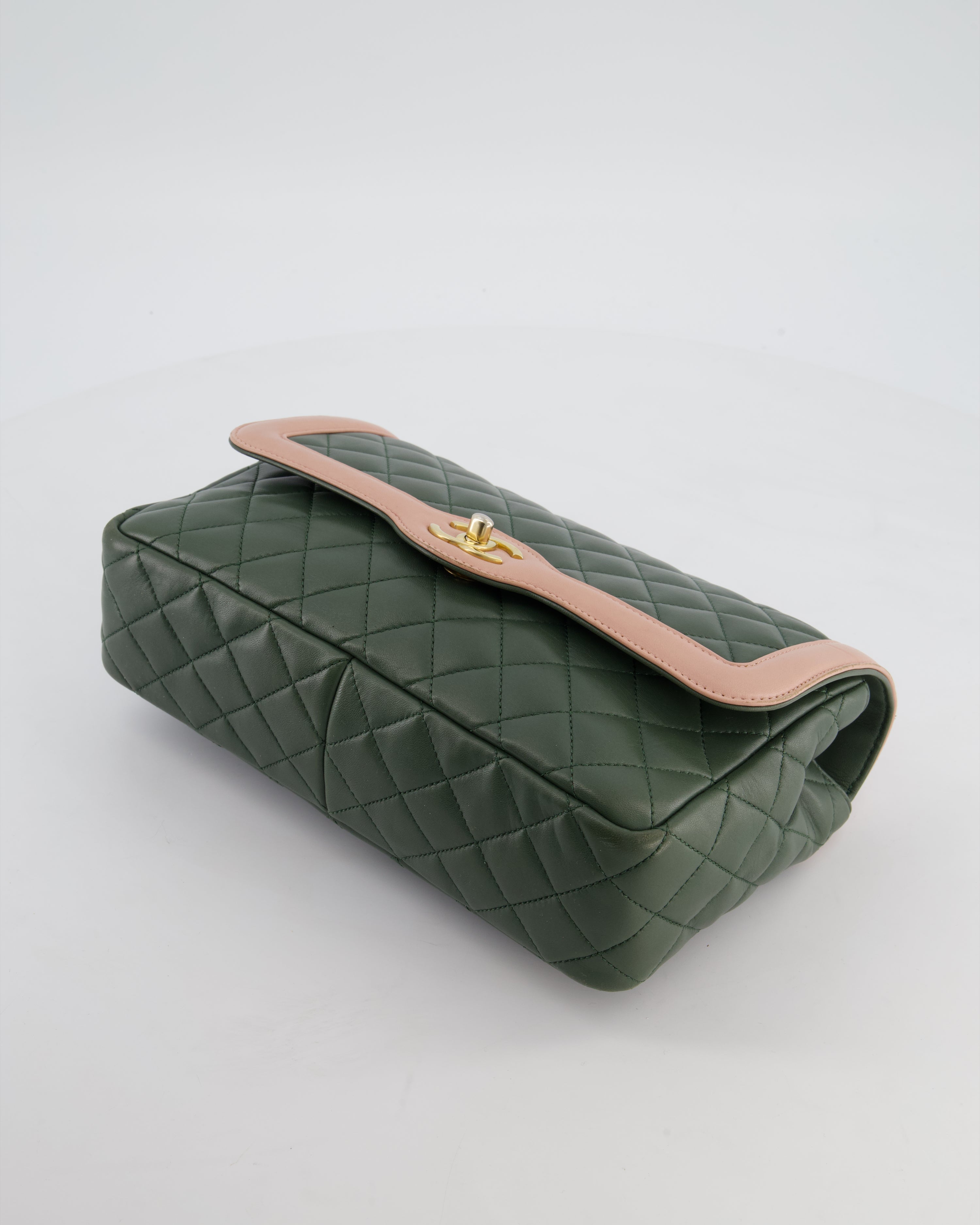 Chanel Khaki and Pink Single Flap Bag in Lambskin Leather with Gold Hardware
