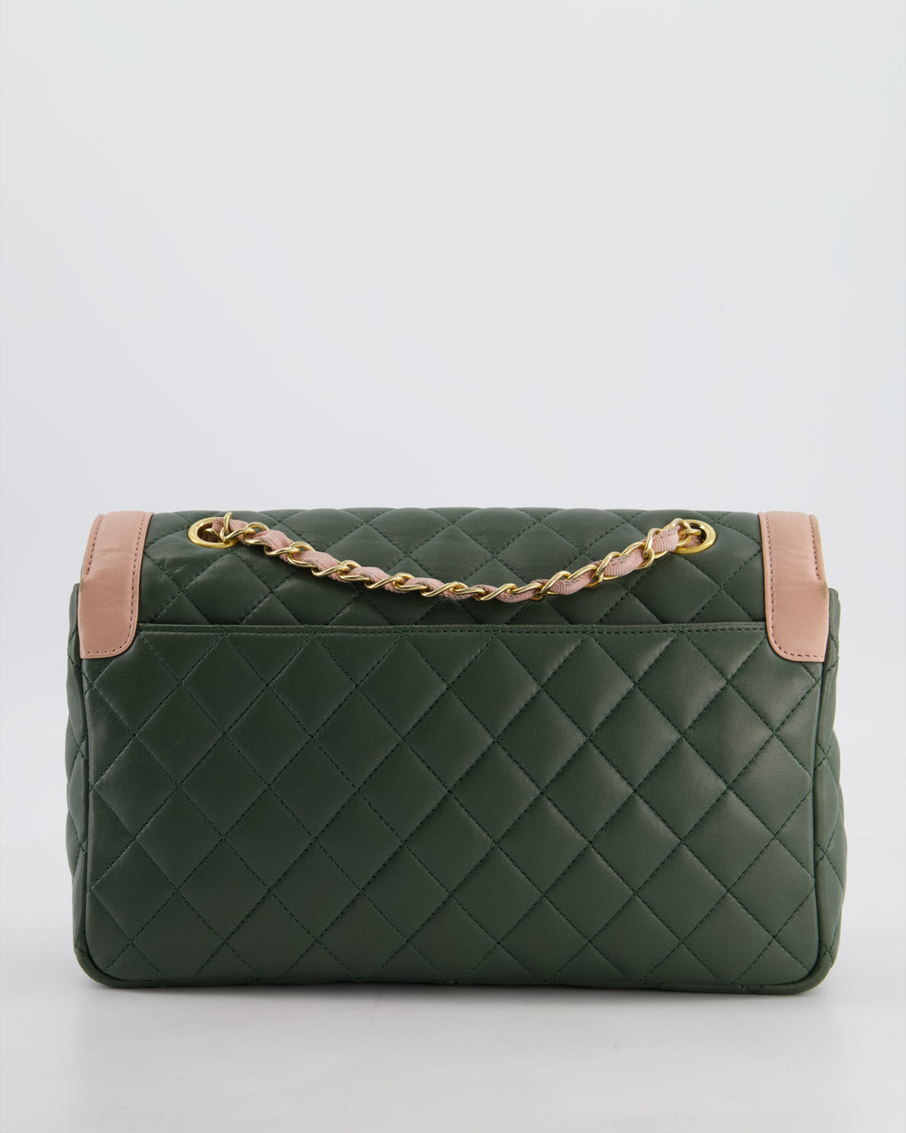 Chanel Khaki and Pink Single Flap Bag in Lambskin Leather with Gold Hardware