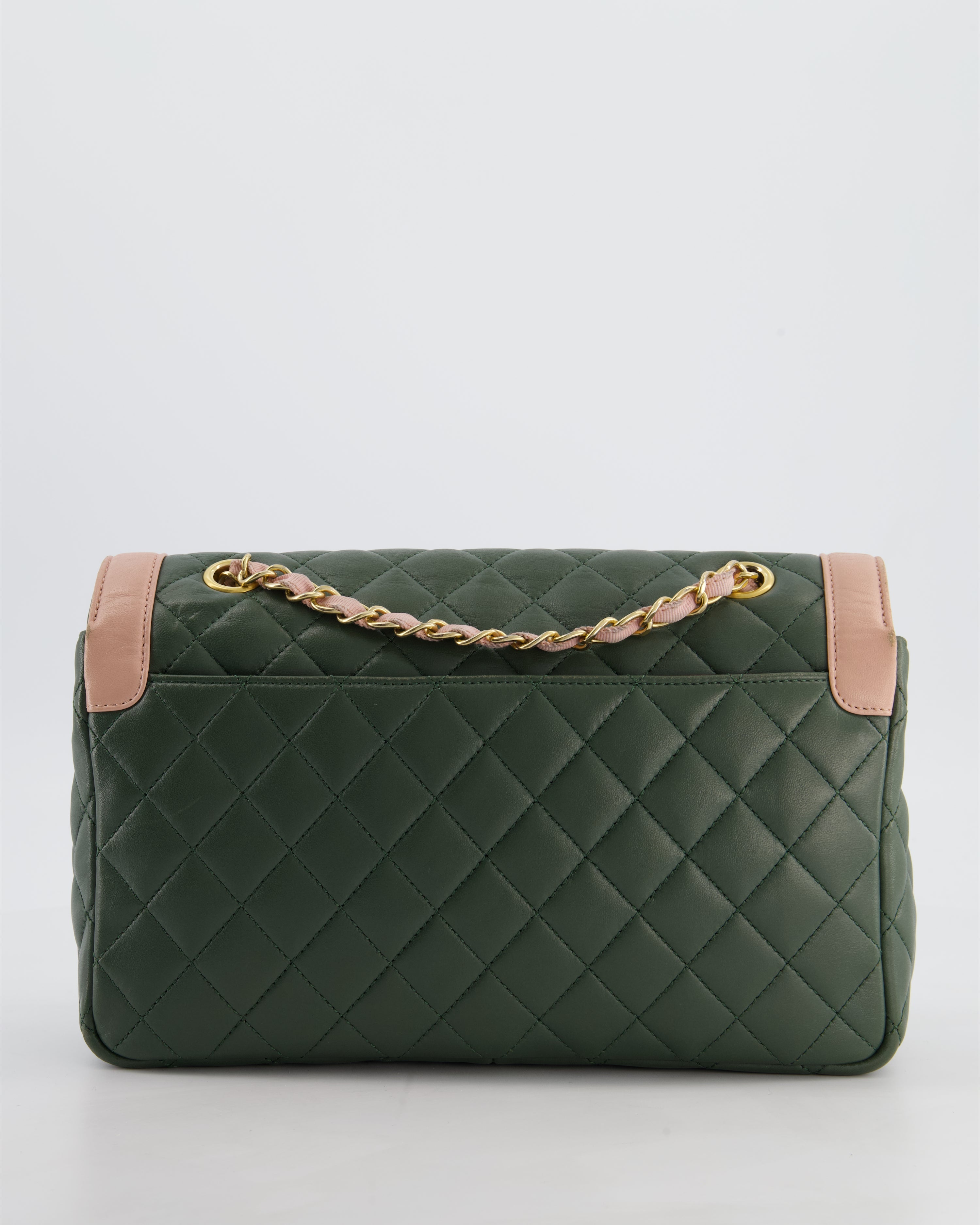 Chanel Khaki and Pink Single Flap Bag in Lambskin Leather with Gold Hardware