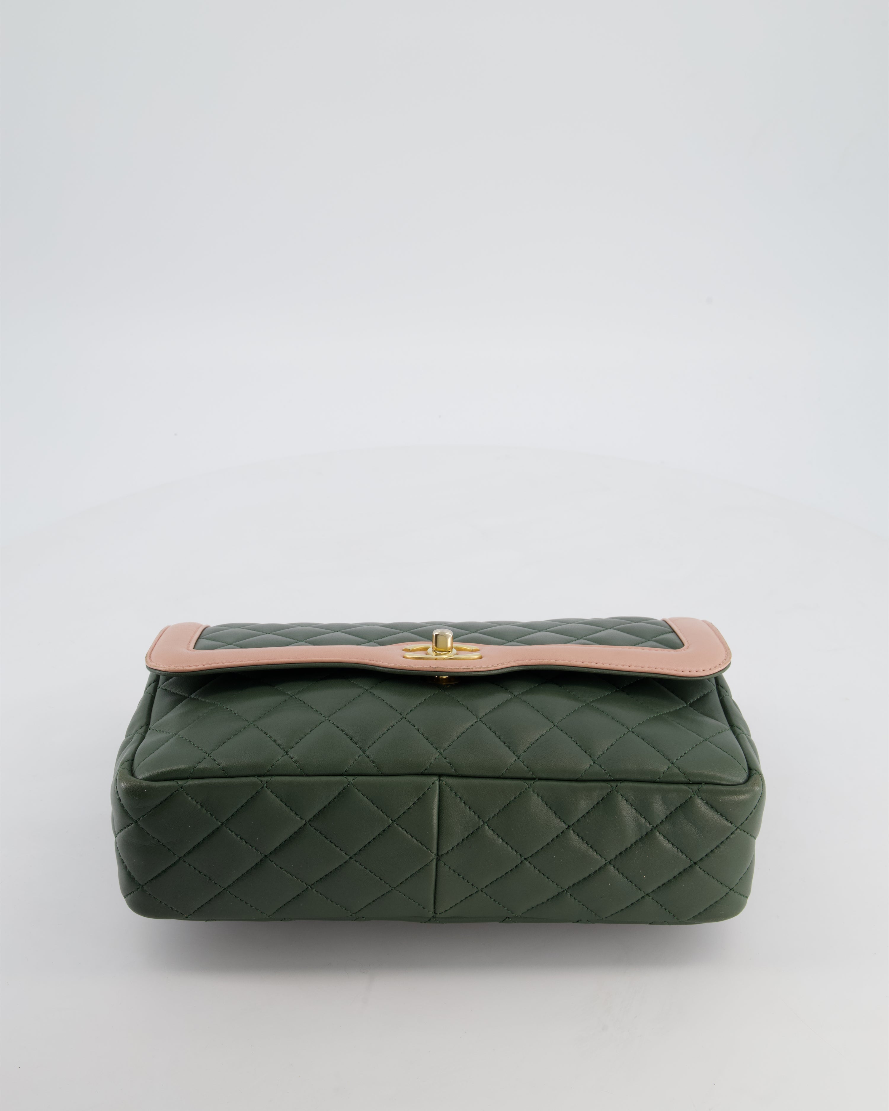 Chanel Khaki and Pink Single Flap Bag in Lambskin Leather with Gold Hardware