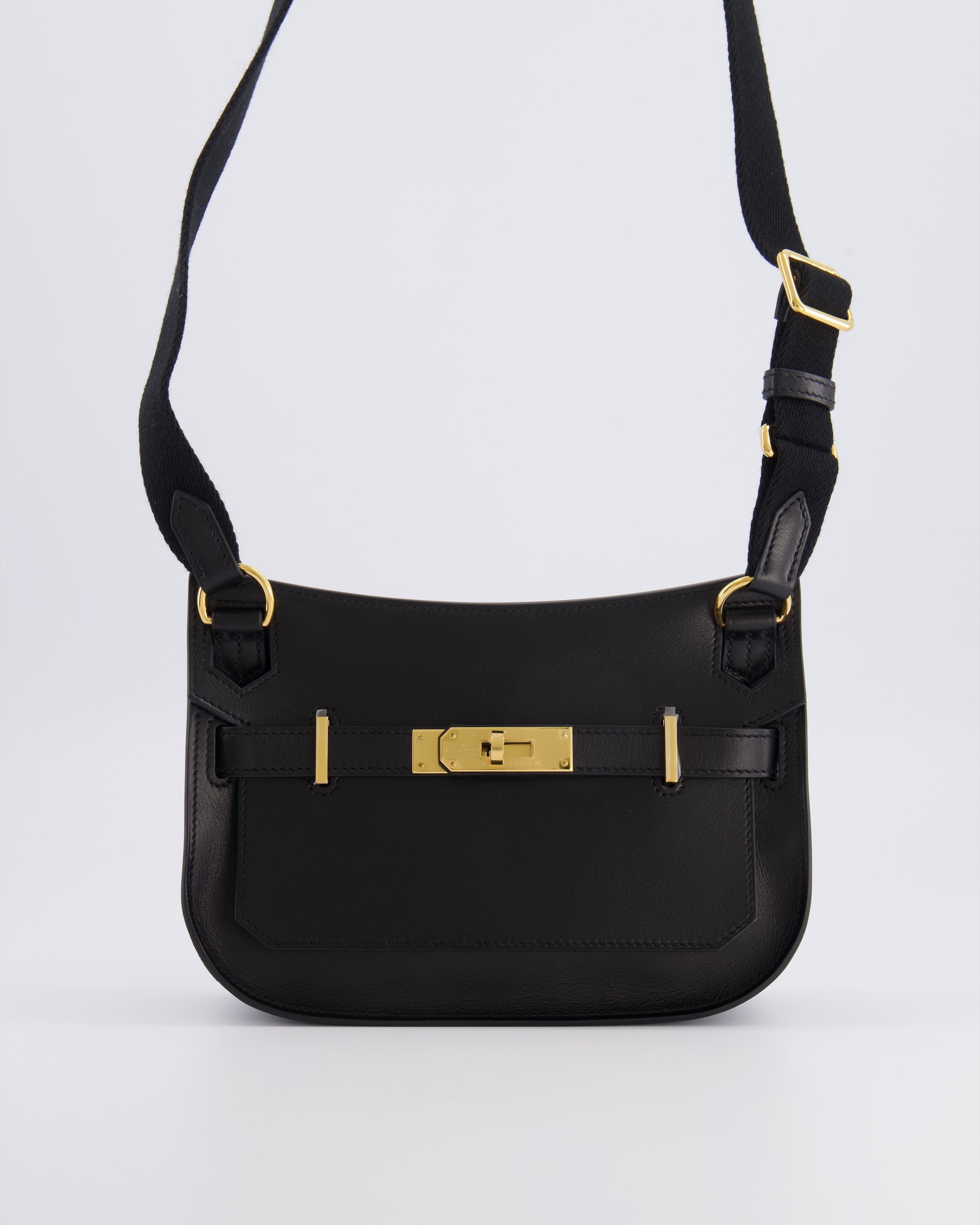 *RARE* Hermès Mini Jypsiere Crossbody Bag in Black Evergrain Leather with Gold Hardware