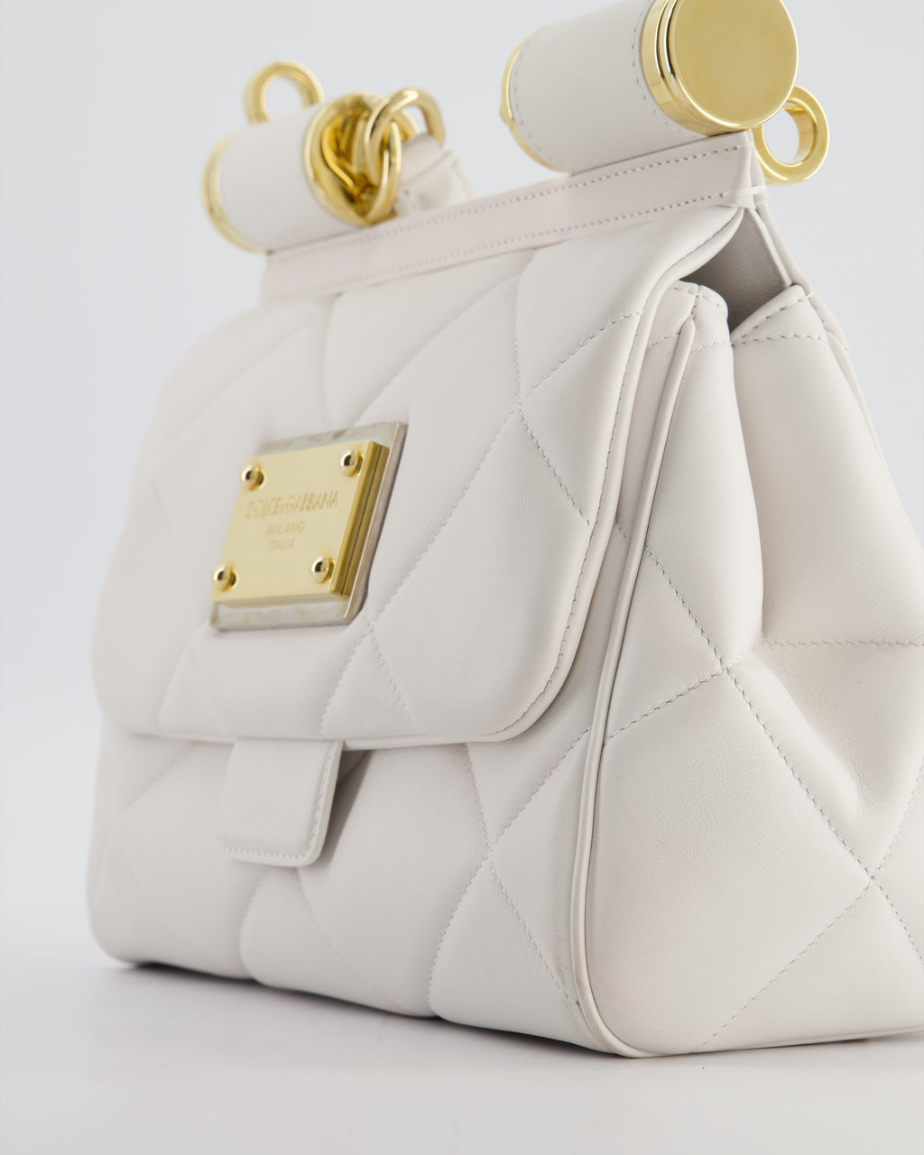 Dolce & Gabbana 90s Sicily Medium Shoulder Bag in White Quilted Calfskin Leather with Gold Hardware