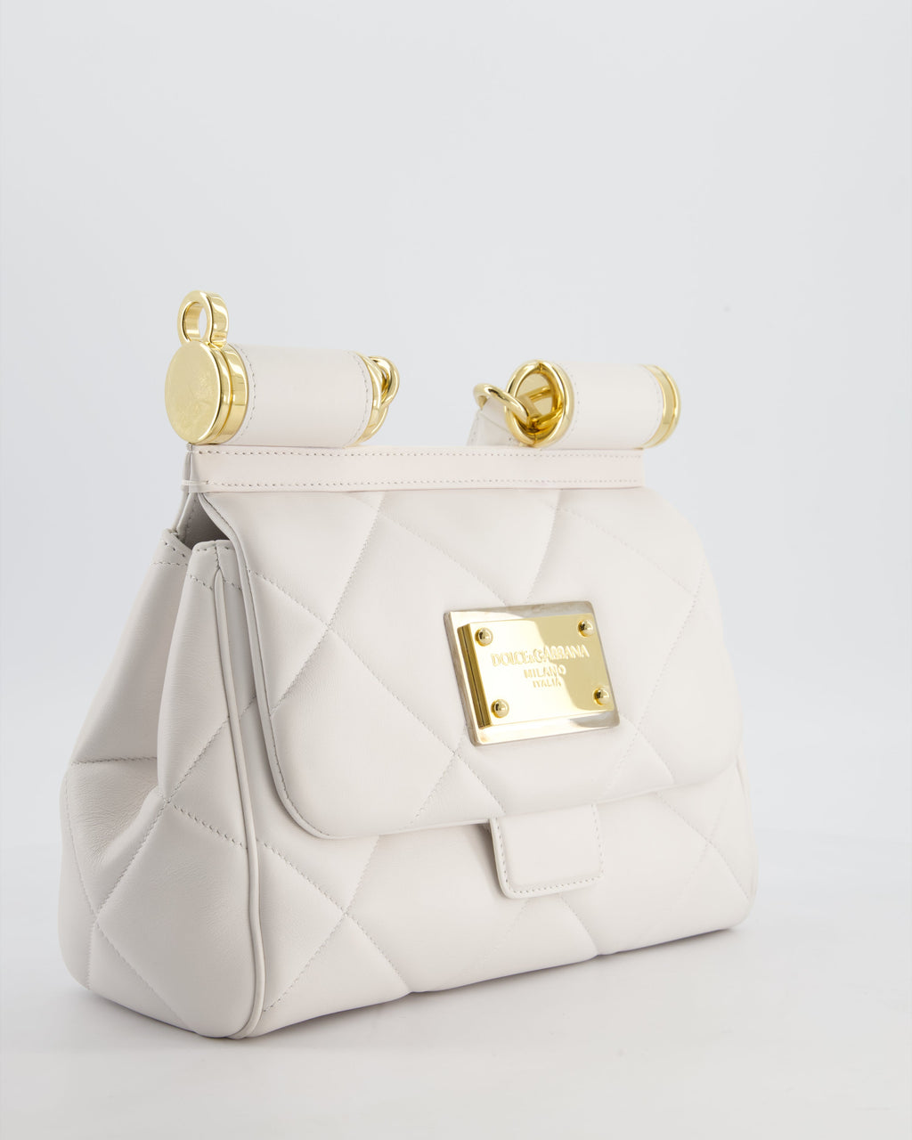 Dolce & Gabbana 90s Sicily Medium Shoulder Bag in White Quilted Calfskin Leather with Gold Hardware