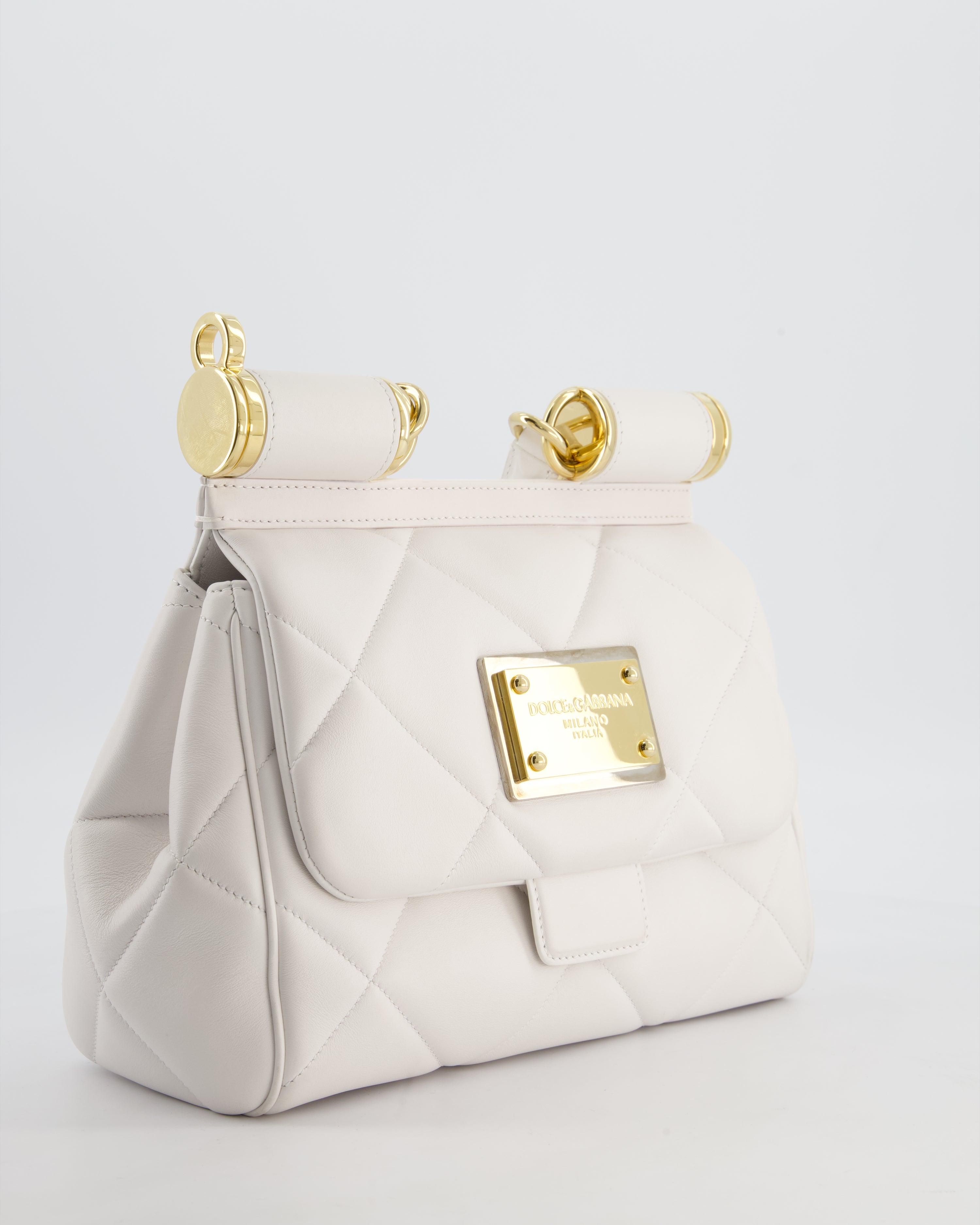 Dolce & Gabbana 90s Sicily Medium Shoulder Bag in White Quilted Calfskin Leather with Gold Hardware