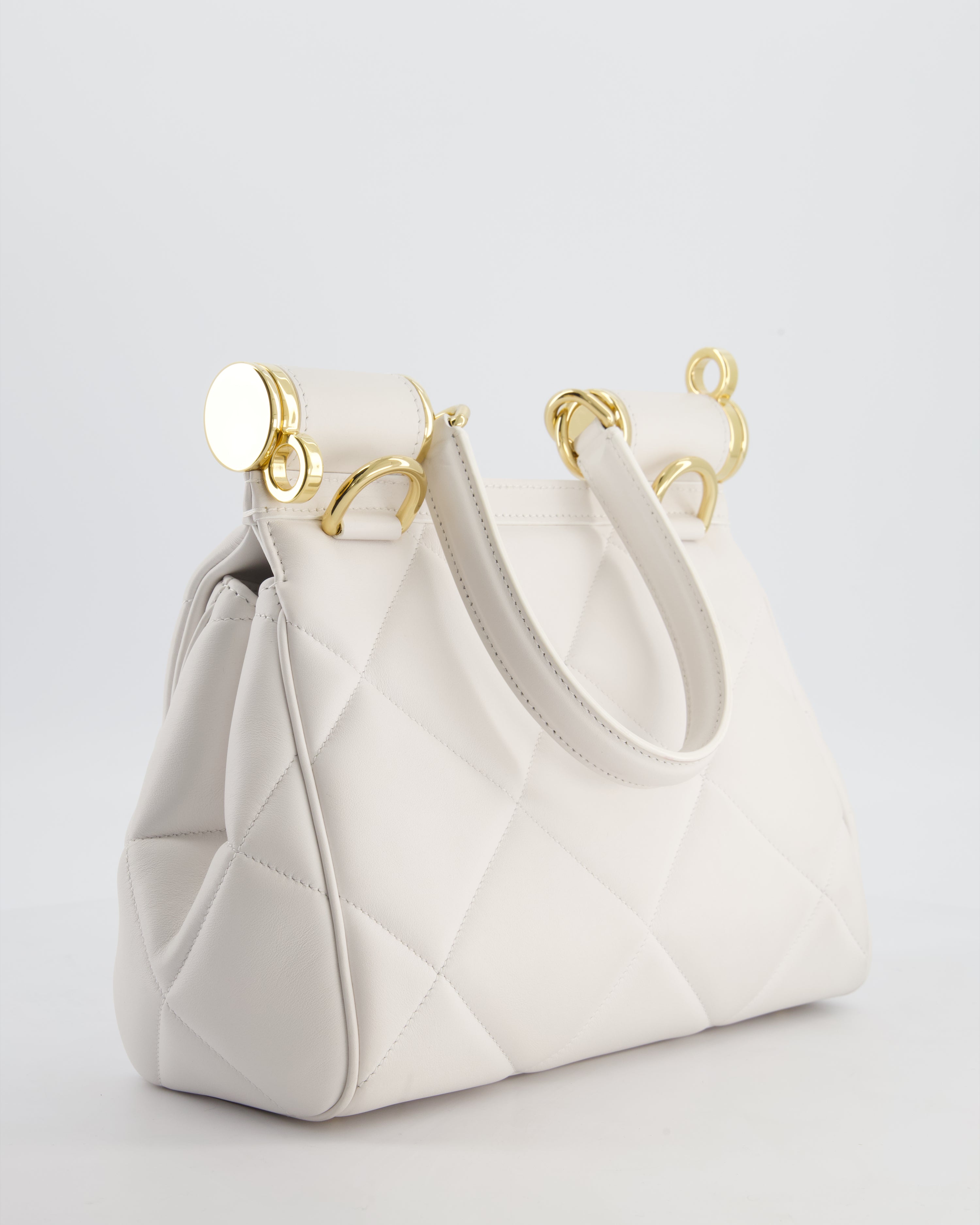 Dolce & Gabbana 90s Sicily Medium Shoulder Bag in White Quilted Calfskin Leather with Gold Hardware