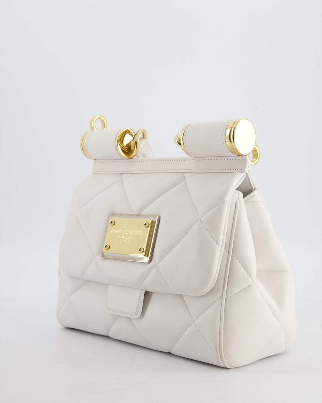 Dolce & Gabbana 90s Sicily Medium Shoulder Bag in White Quilted Calfskin Leather with Gold Hardware