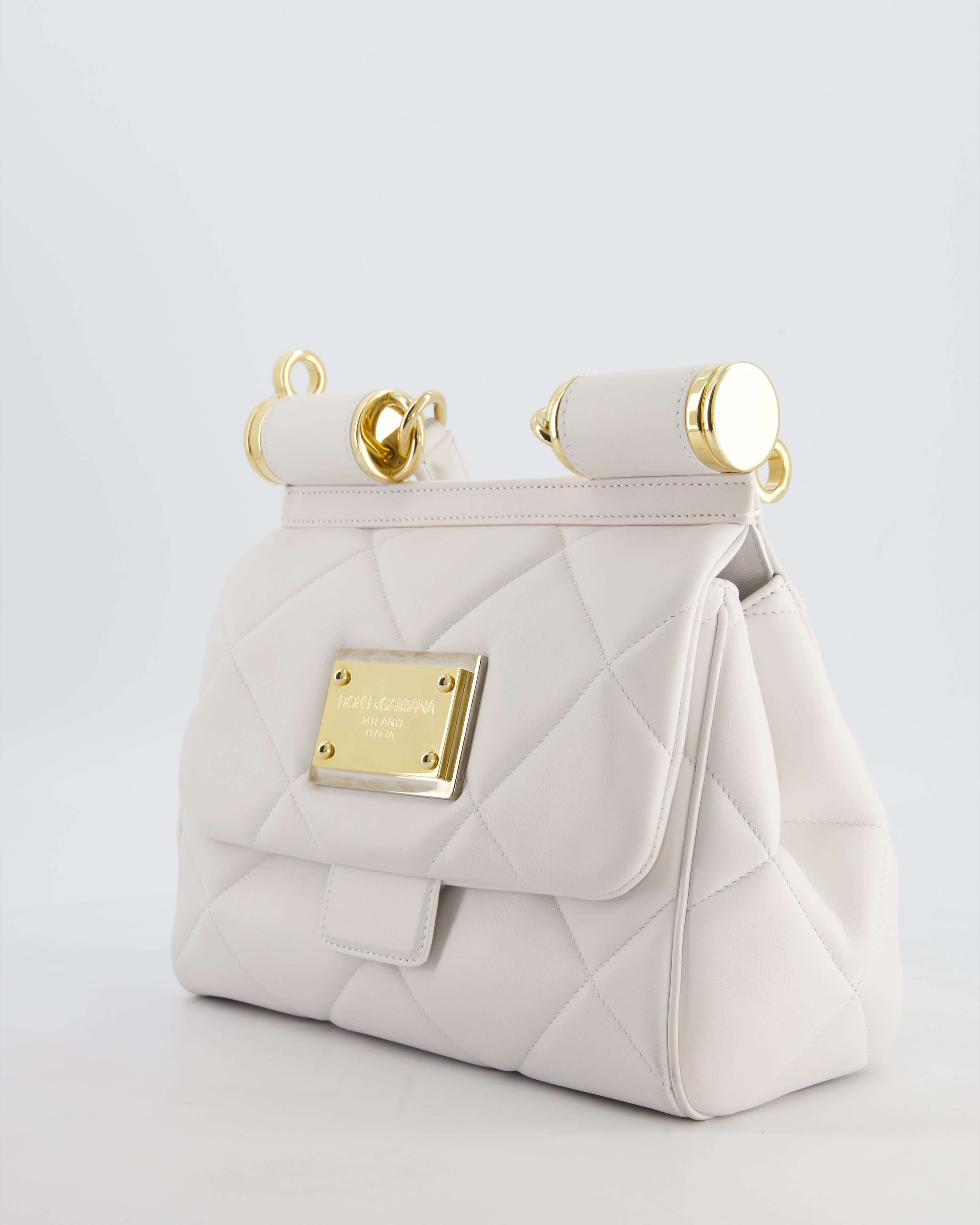 Dolce & Gabbana 90s Sicily Medium Shoulder Bag in White Quilted Calfskin Leather with Gold Hardware
