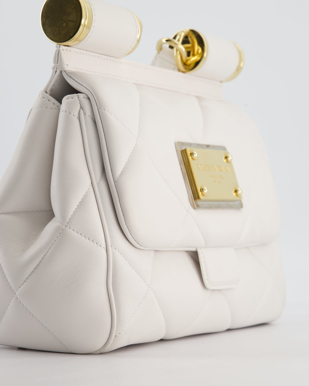 Dolce & Gabbana 90s Sicily Medium Shoulder Bag in White Quilted Calfskin Leather with Gold Hardware