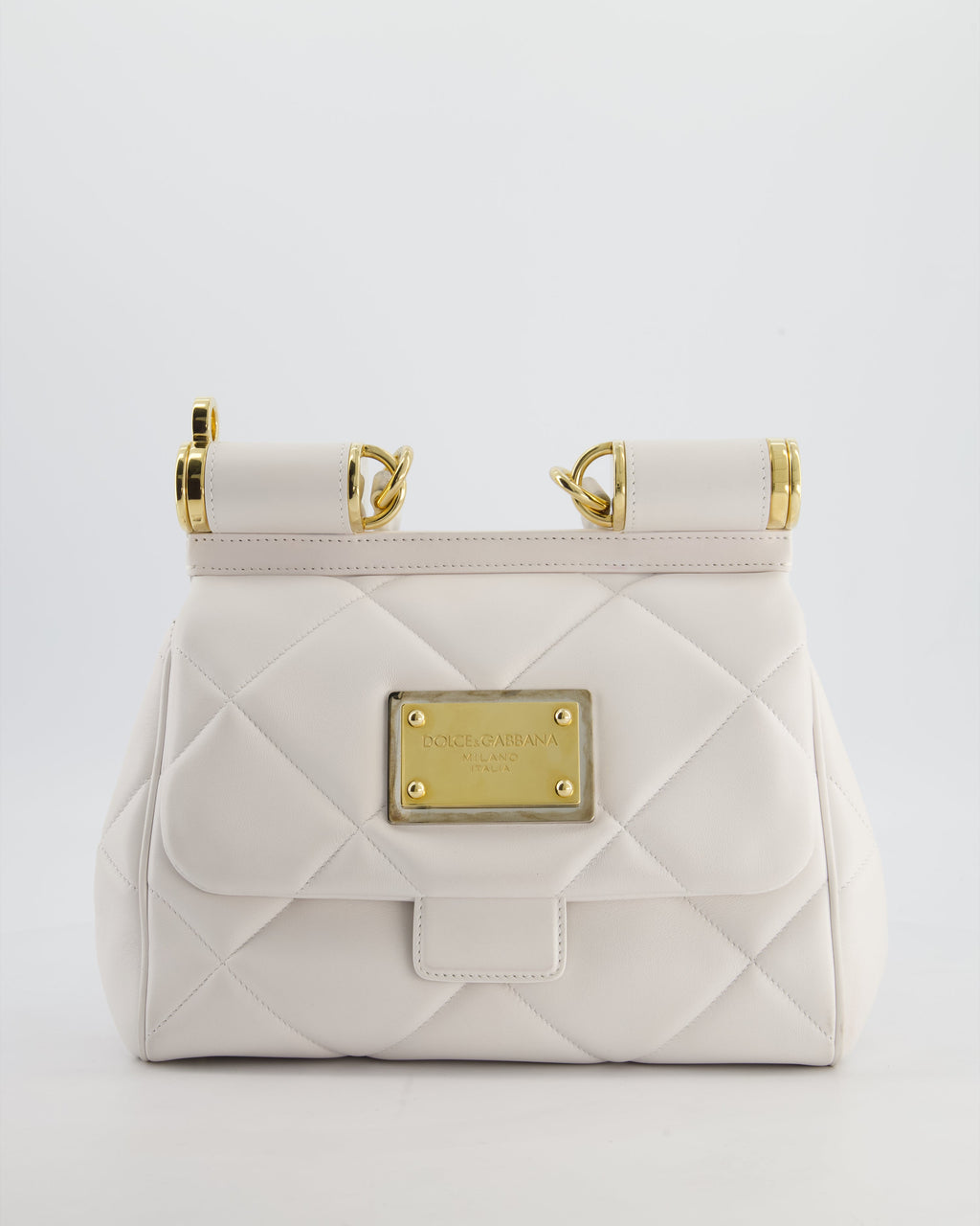 Dolce & Gabbana 90s Sicily Medium Shoulder Bag in White Quilted Calfskin Leather with Gold Hardware