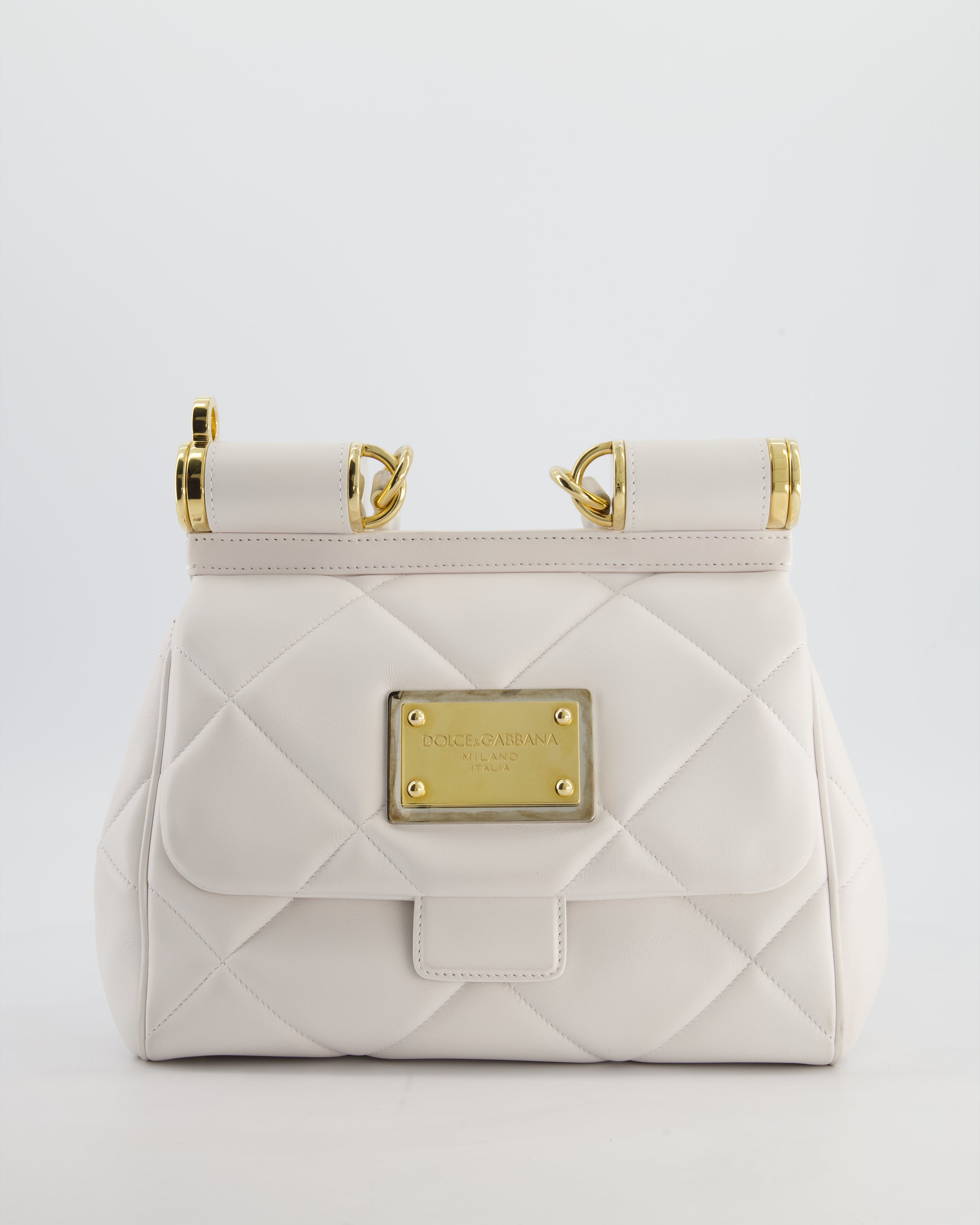 Dolce & Gabbana 90s Sicily Medium Shoulder Bag in White Quilted Calfskin Leather with Gold Hardware