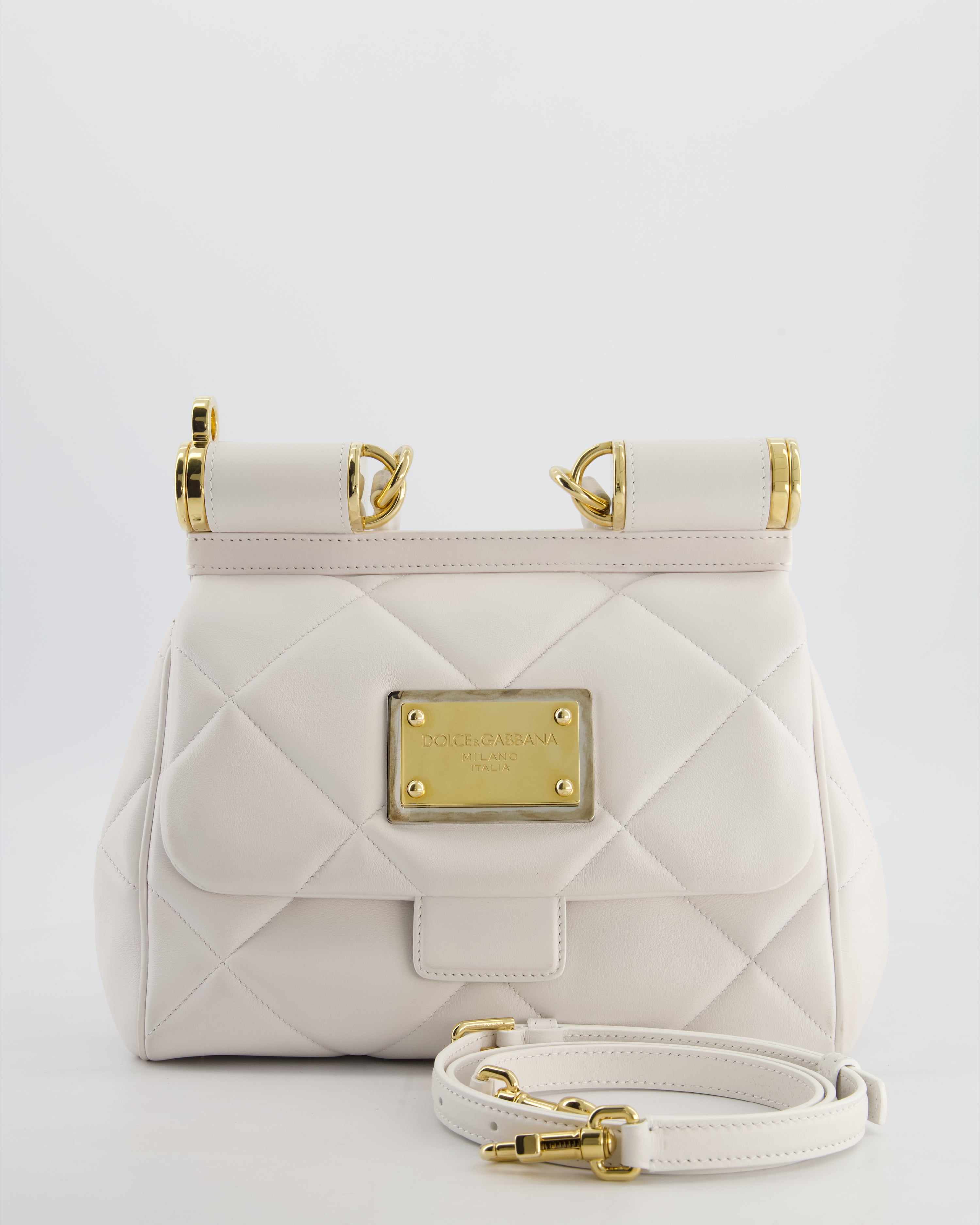 Dolce & Gabbana 90s Sicily Medium Shoulder Bag in White Quilted Calfskin Leather with Gold Hardware