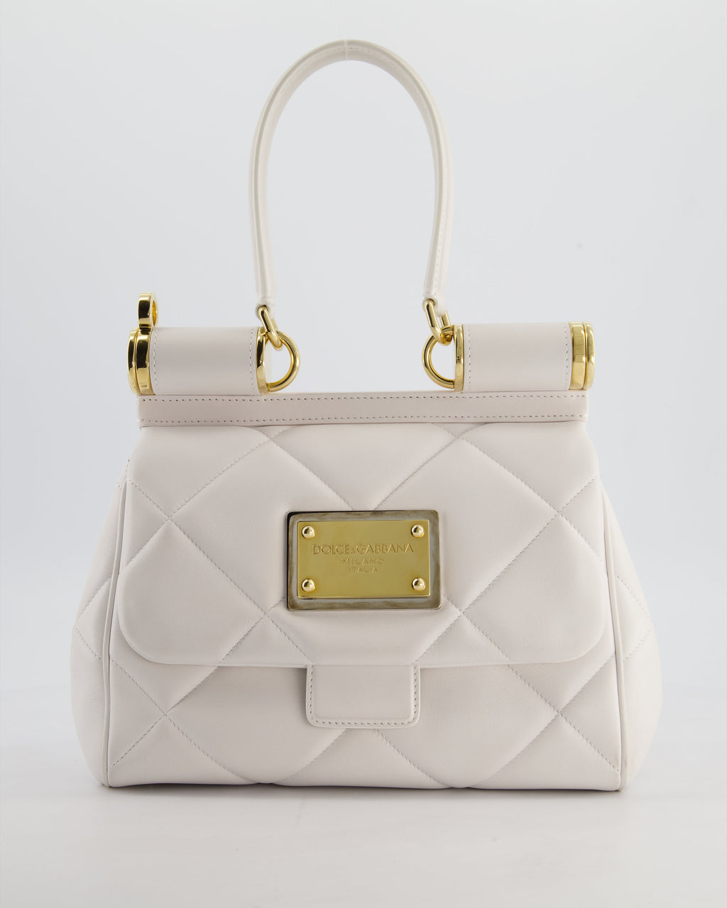 Dolce & Gabbana 90s Sicily Medium Shoulder Bag in White Quilted Calfskin Leather with Gold Hardware