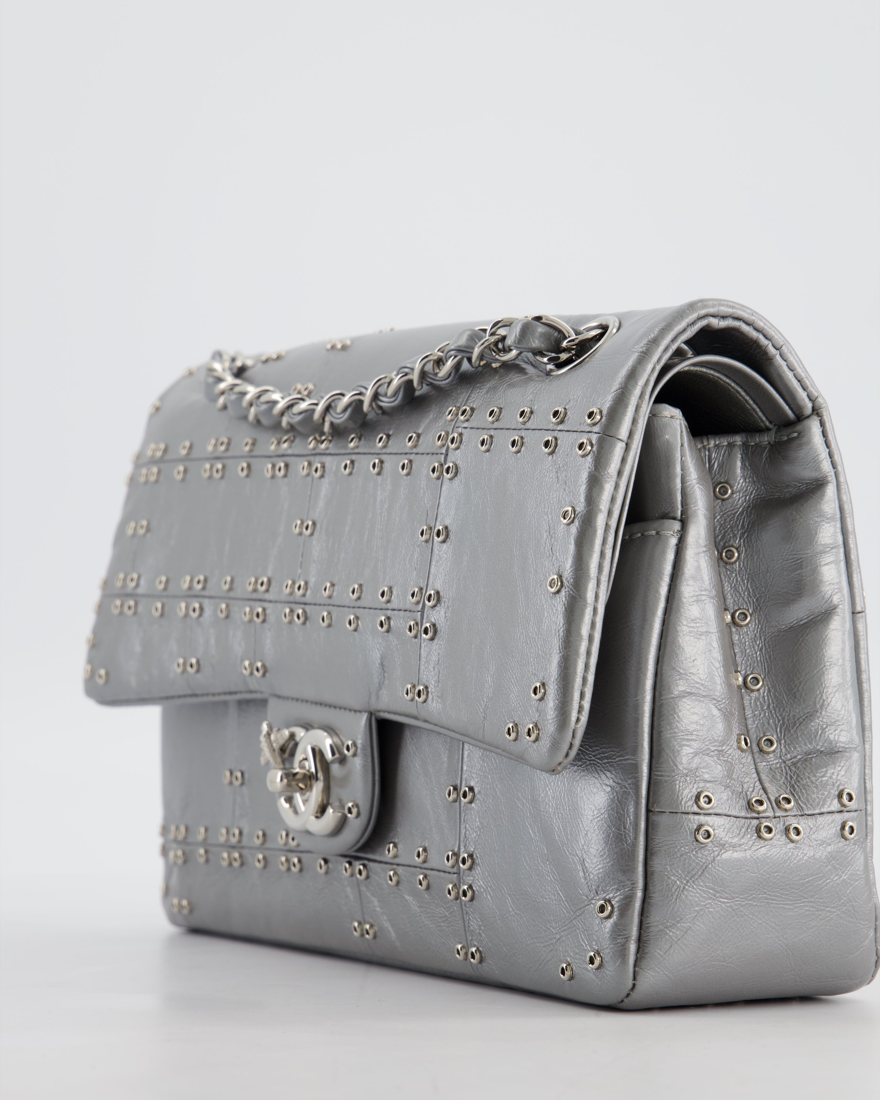 Chanel Silver Medium Airline Double Flap Bag in Glazed Calfskin with Grommet Embellishment Detail and Silver Hardware