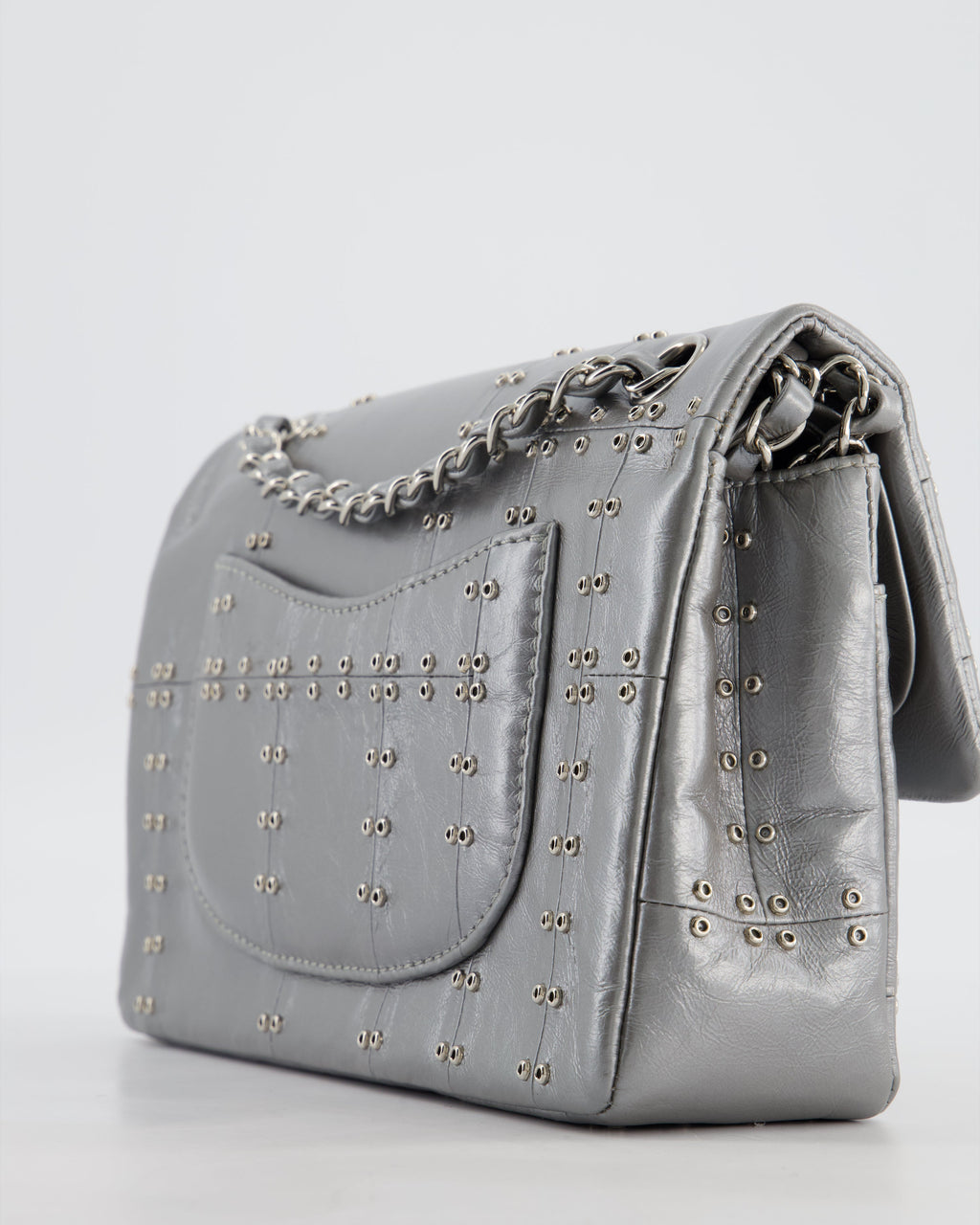 Chanel Silver Medium Airline Double Flap Bag in Glazed Calfskin with Grommet Embellishment Detail and Silver Hardware
