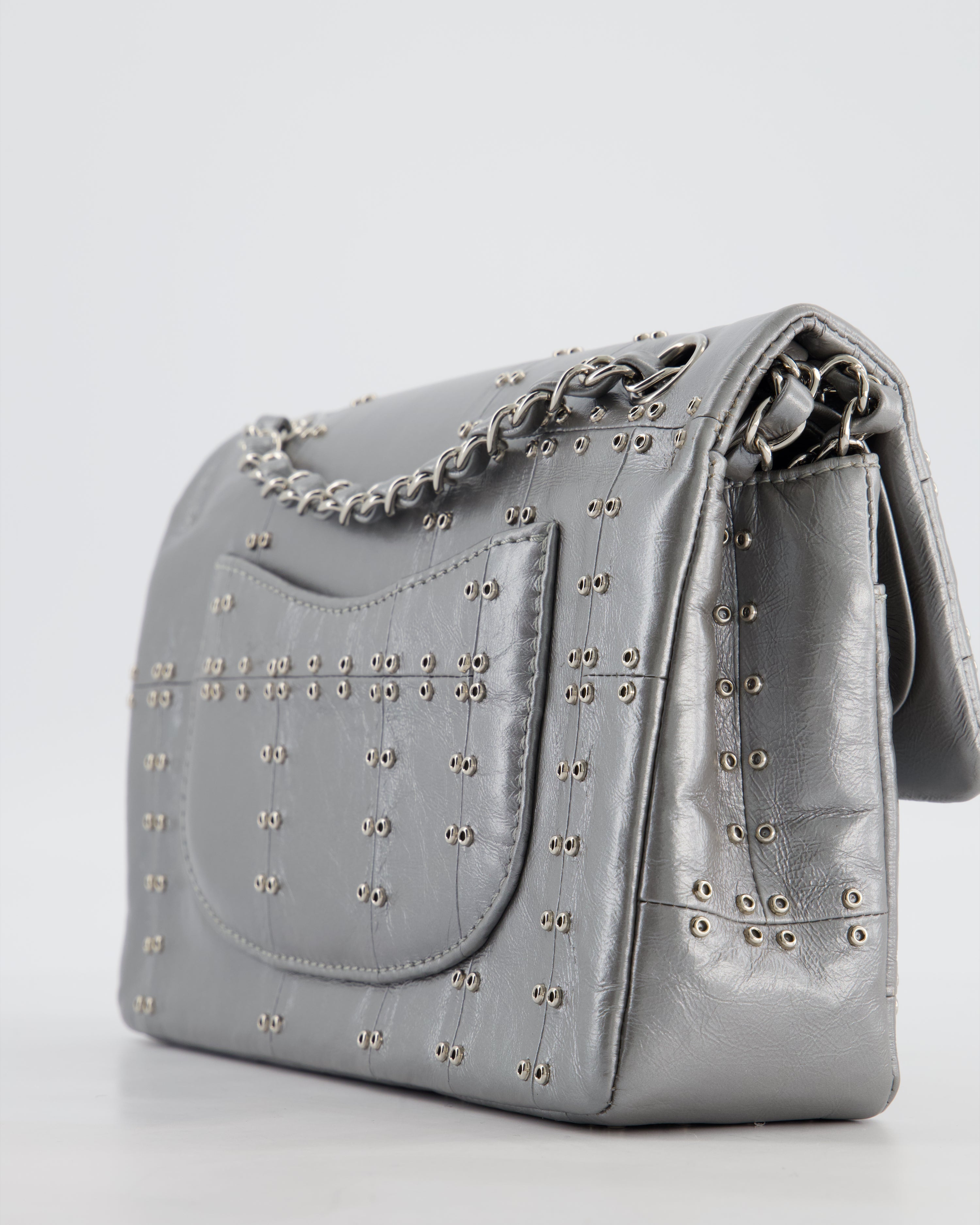 Chanel Silver Medium Airline Double Flap Bag in Glazed Calfskin with Grommet Embellishment Detail and Silver Hardware