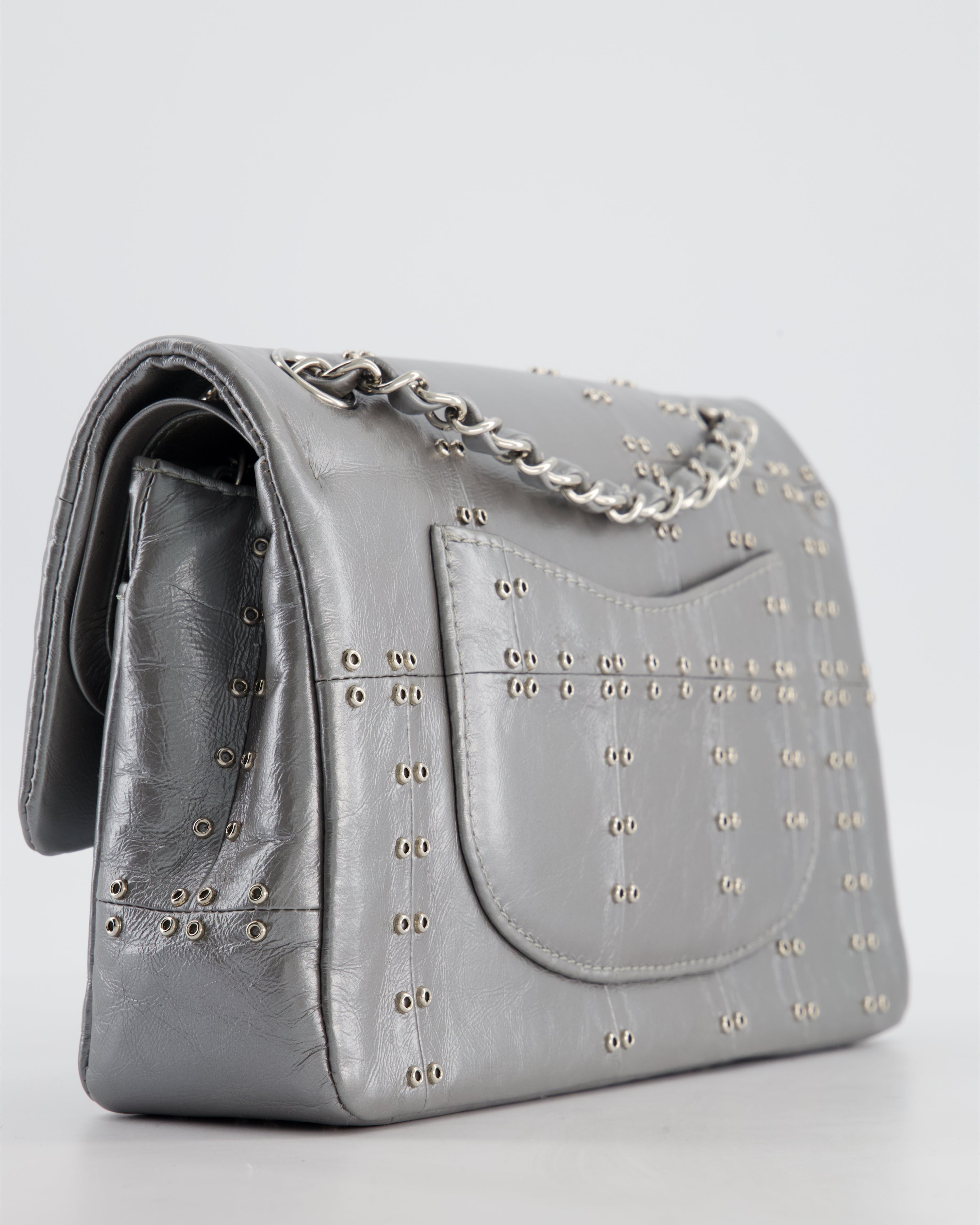 Chanel Silver Medium Airline Double Flap Bag in Glazed Calfskin with Grommet Embellishment Detail and Silver Hardware