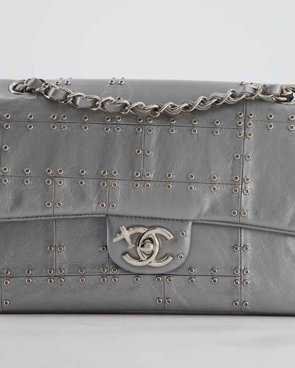 Chanel Silver Medium Airline Double Flap Bag in Glazed Calfskin with Grommet Embellishment Detail and Silver Hardware
