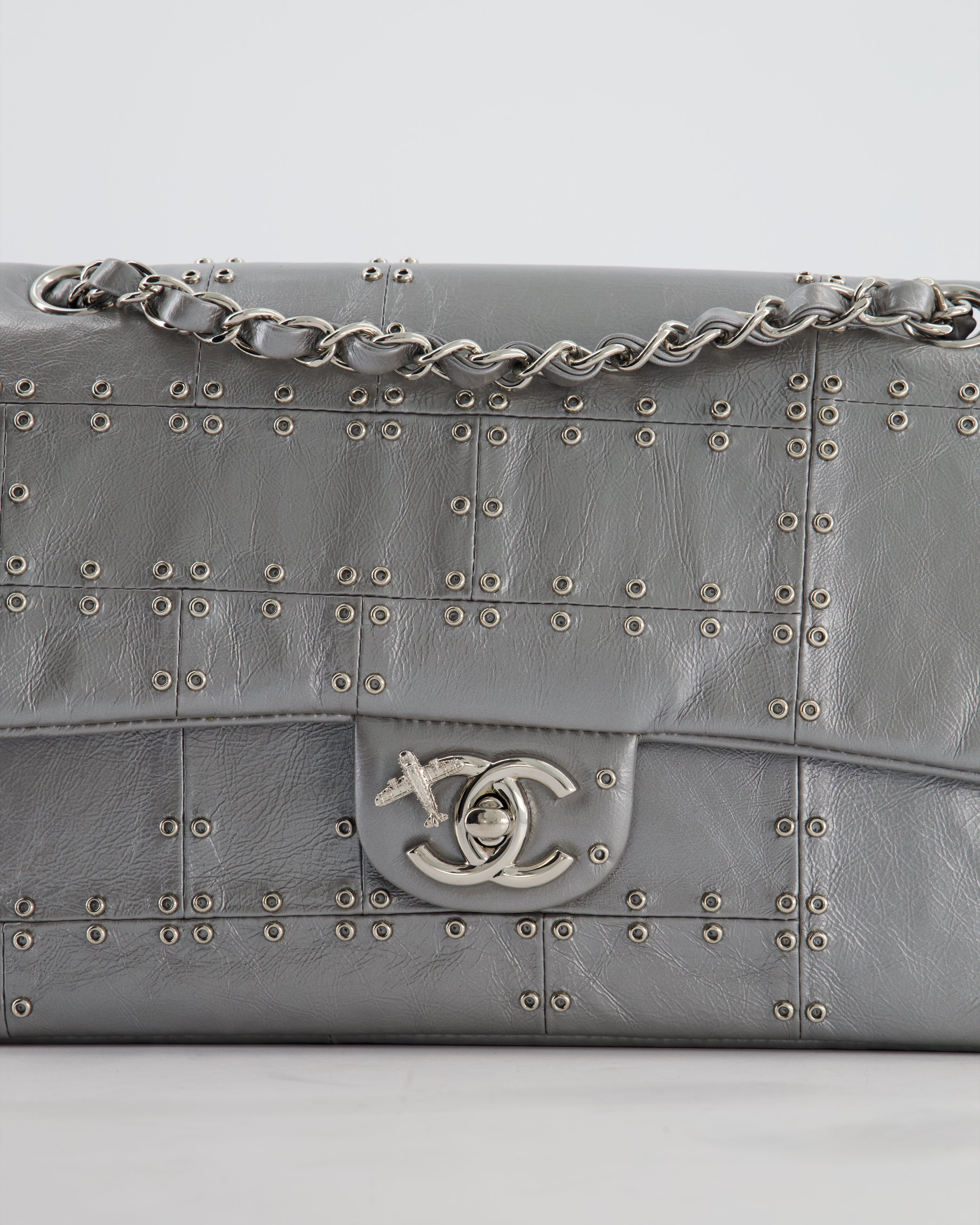 Chanel Silver Medium Airline Double Flap Bag in Glazed Calfskin with Grommet Embellishment Detail and Silver Hardware