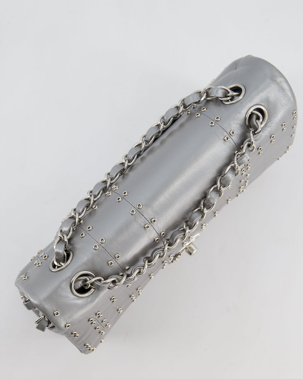 Chanel Silver Medium Airline Double Flap Bag in Glazed Calfskin with Grommet Embellishment Detail and Silver Hardware