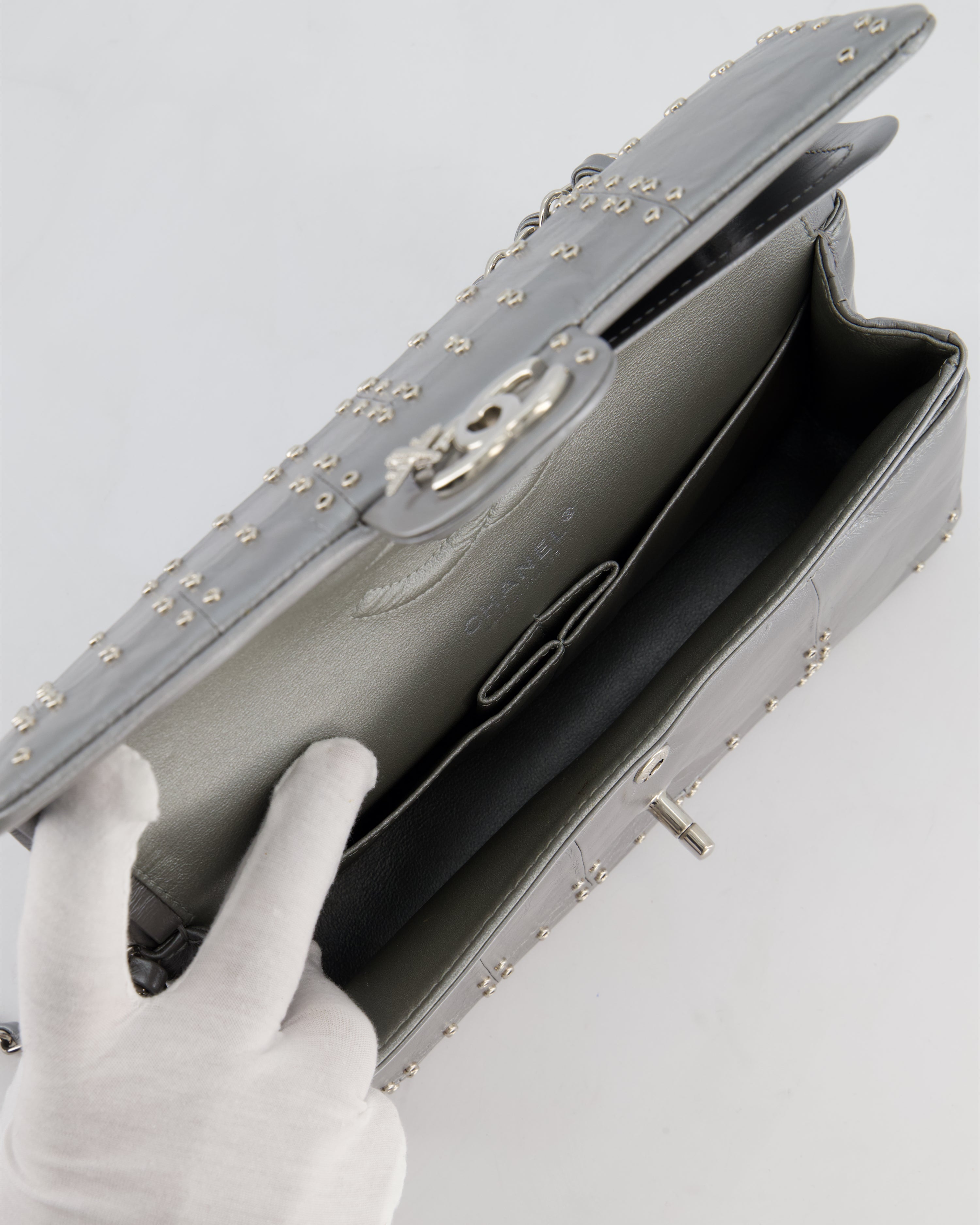 Chanel Silver Medium Airline Double Flap Bag in Glazed Calfskin with Grommet Embellishment Detail and Silver Hardware